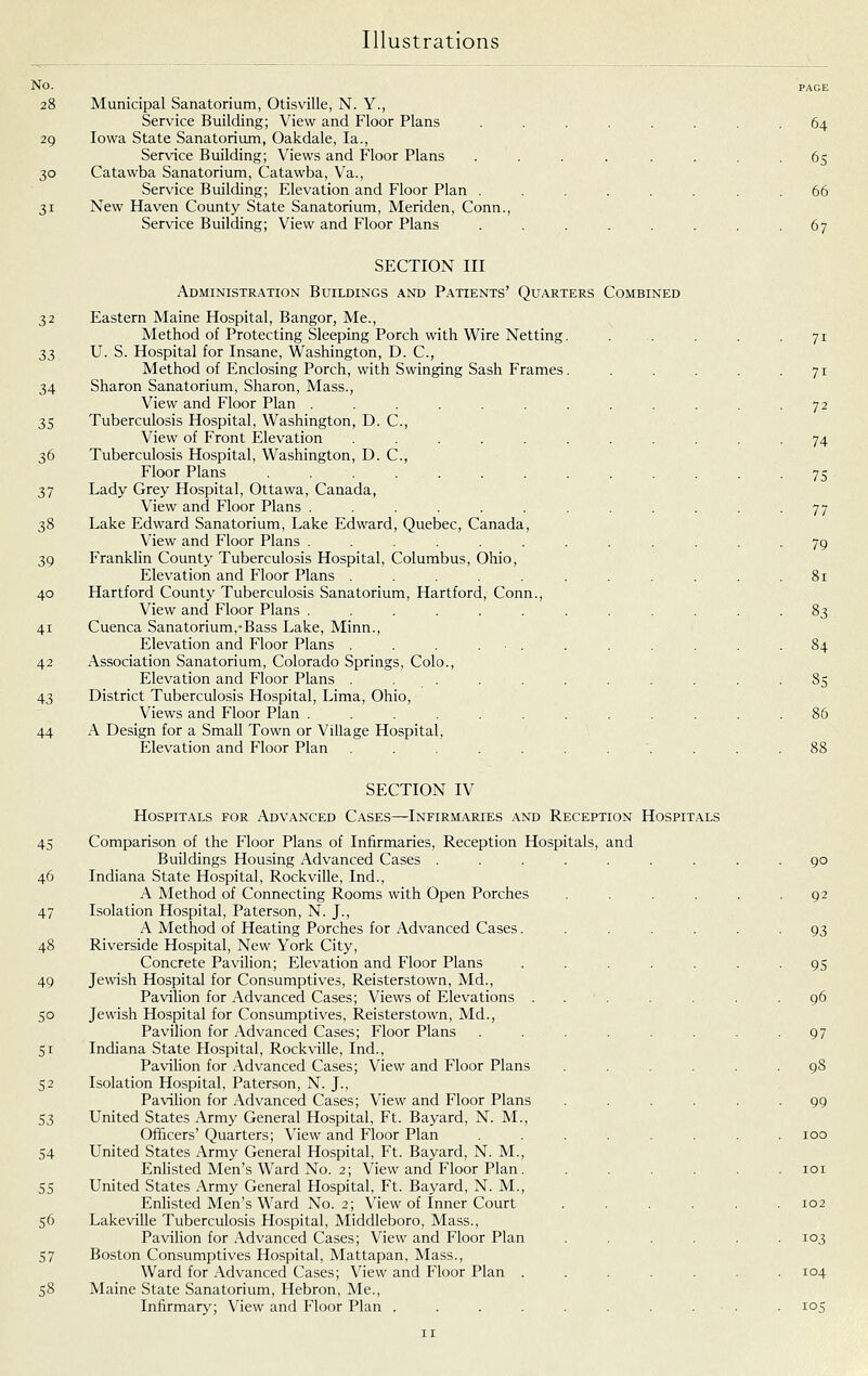 No. 28 29 30 31 Municipal Sanatorium, Otisville, N. Y., Service Building; View and Floor Plans Iowa State Sanatorium, Oakdale, la., Service Building; Views and Floor Plans Catawba Sanatorium, Catawba, Va., Service Building; Elevation and Floor Plan . New Haven County State Sanatorium, Meriden, Conn., Service Building; View and Floor Plans 64 65 66 67 SECTION III Administration Buildings and Patients' Quarters Combined 32 Eastern Maine Hospital, Bangor, Me., Method of Protecting Sleeping Porch with Wire Netting ^^ U. S. Hospital for Insane, Washington, D. C, Method of Enclosing Porch, with Swinging Sash Frames 34 Sharon Sanatorium, Sharon, Mass., View and Floor Plan ...... 35 Tuberculosis Hospital, Washington, D. C, View of Front Elevation ..... 36 Tuberculosis Hospital, Washington, D. C, Floor Plans . . . ... 37 Lady Grey Hospital, Ottawa, Canada, View and Floor Plans ...... 38 Lake Edward Sanatorium, Lake Edward, Quebec, Canada, View and Floor Plans ...... 39 Franklin County Tuberculosis Hospital, Columbus, Ohio, Elevation and Floor Plans ..... 40 Hartford County Tuberculosis Sanatorium, Hartford, Conn., View and Floor Plans ...... 41 Cuenca Sanatorium,-Bass Lake, Minn., Elevation and Floor Plans . . . ... 42 Association Sanatorium, Colorado Springs, Colo., Elevation and Floor Plans . . . 43 District Tuberculosis Hospital, Lima, Ohio, Views and Floor Plan ...... 44 A Design for a Small Town or Village Hospital, Elevation and Floor Plan ..... SECTION IV Hospitals for Advanced Cases—Infirmaries and Reception Hospitals 45 Comparison of the Floor Plans of Infirmaries, Reception Hospitals, and Buildings Housing Advanced Cases . 46 Indiana State Hospital, Rockville, Ind., A Method of Connecting Rooms with Open Porches 47 Isolation Hospital, Paterson, N. J., A Method of Heating Porches for Advanced Cases. 48 Riverside Hospital, New York City, Concrete Pavilion; Elevation and Floor Plans 49 Jewish Hospital for Consumptives, Reisterstown, Md., Pavilion for Advanced Cases; Views of Elevations . 50 Jewish Hospital for Consumptives, Reisterstown, Md., Pavilion for Advanced Cases; Floor Plans 51 Indiana State Hospital, Rockville, Ind., Pavilion for Advanced Cases; View and Floor Plans 52 Isolation Hospital, Paterson, N. J., Pavilion for Advanced Cases; View and Floor Plans 53 United States Army General Hospital, Ft. Bayard, N. M., Officers' Quarters; View and Floor Plan 54 United States Army General Hospital, Ft. Bayard, N. M., Enlisted Men's Ward No. 2; View and Floor Plan. 55 United States Army General Hospital, Ft. Bayard, N. M., Enlisted Men's Ward No. 2; View of Inner Court 56 Lakeville Tuberculosis Hospital, Middleboro, Mass., Pavilion for Advanced Cases; View and Floor Plan 57 Boston Consumptives Hospital, Mattapan, Mass., Ward for Advanced Cases; View and Floor Plan . 58 Maine State Sanatorium, Hebron, Me., Infirmary; View and Floor Plan ....