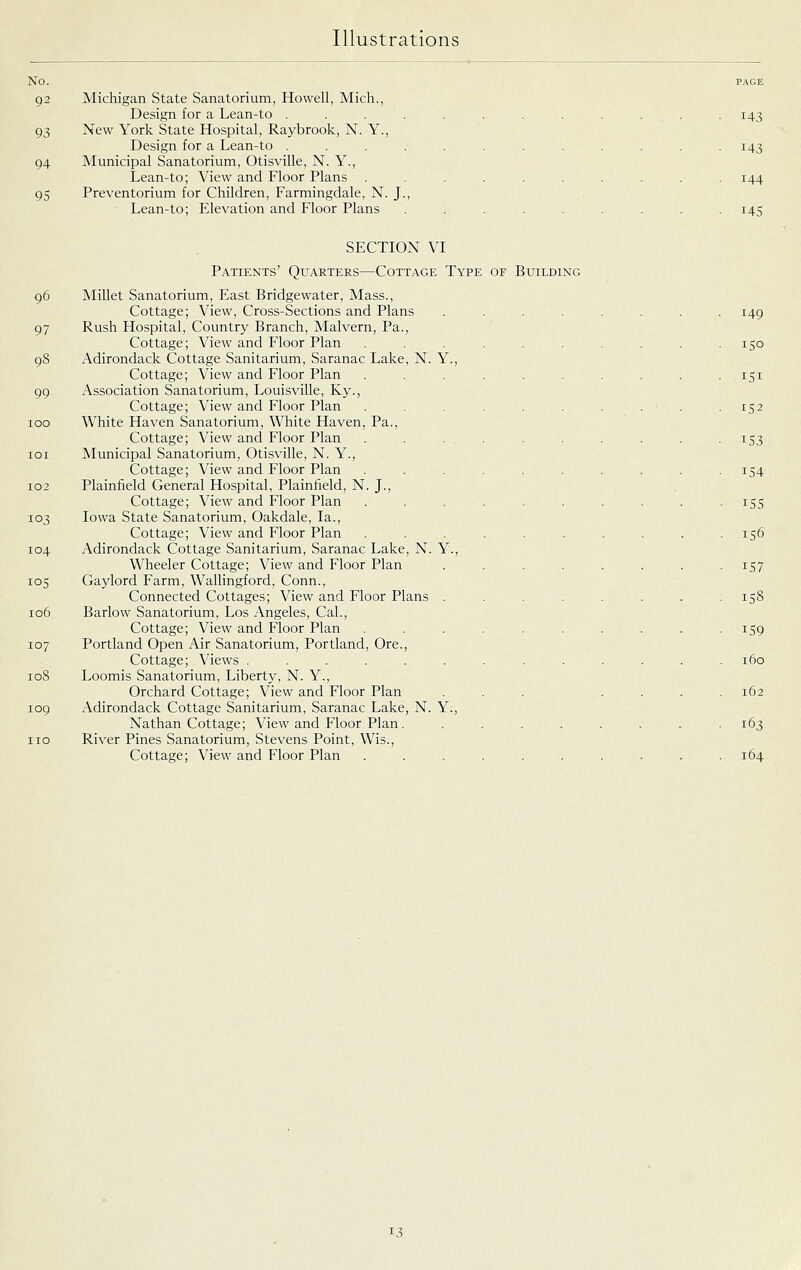 No. 92 93 04 95 Michigan State Sanatorium, Howell, Mich., Design for a Lean-to .... New Yorlv State Hospital, Raybrook, N. Y., Design for a Lean-to .... ISIunicipal Sanatorium, Otisville, N. Y., Lean-to; View and Floor Plans Preventorium for Children, Farmingdale, N. J., Lean-to; Elevation and Floor Plans 143 143 144 145 SECTION VI Patients' Quarters—Cottage Type of Building 96 Millet Sanatorium, East Bridgewater, Mass., Cottage; View, Cross-Sections and Plans .... 97 Rush Hospital, Country Branch, Malvern, Pa., Cottage; View and Floor Plan 98 Adirondack Cottage Sanitarium, Saranac Lake, N. Y. Cottage; View and Floor Plan 99 Association Sanatorium, Louisville, Ky., Cottage; View and Floor Plan 100 White Haven Sanatorium, White Haven, Pa., Cottage; View and Floor Plan loi Municipal Sanatorium, Otisville, N. Y. Cottage; View and Floor Plan 102 Plainfield General Hospital, Plainfleld, N. J., Cottage; View and Floor Plan 103 Iowa State Sanatorium, Oakdale, la., Cottage; View and Floor Plan 104 Adirondack Cottage Sanitarium, Saranac Lake, N. Y., Wheeler Cottage; View and Floor Plan 105 Gaylord Farm, Wallingford, Conn., Connected Cottages; View and Floor Plans . 106 Barlow Sanatorium, Los Angeles, Cal., Cottage; View and Floor Plan 107 Portland Open Air Sanatorium, Portland, Ore., Cottage; Views ...... 108 Loomis Sanatorium, Liberty, N. Y., Orchard Cottage; View and Floor Plan 109 Adirondack Cottage Sanitarium, Saranac Lake, N. Y;, Nathan Cottage; View and Floor Plan, no River Pines Sanatorium, Stevens Point, Wis., Cottage; View and Floor Plan • 149 . ISO • 151 ■ 152 ■ 153 • 154 • 15s . 156 • 157 . 158 • 159 160 162 . 163 164