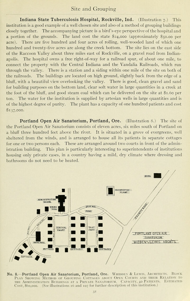 Indiana State Tuberculosis Hospital, Rockville, Ind. (Illustration 7.) This institution is a good example of a well chosen site and also of a method of grouping buildings closely together. The accompanying picture is a bird's-eye perspective of the hospital and a portion of the grounds. The land cost the state $24,000 (approximately $50.00 per acre). There are five hundred and four acres of rolling, well-wooded land of which one hundred and twenty-five acres are along the creek bottom. The site lies on the east side of the Raccoon Valley about three miles east of Rockville, on a gravel road from Indian- apolis. The hospital owns a free right-of-way for a railroad spur, of about one mile, to connect the property with the Central Indiana and the Vandalia Railroads, which run through the valley. There is a station and a siding within one mile of the site on both of the railroads. The buildings are located on high ground, slightly back from the edge of a blufT, wath a beautiful view overlooking the valley. There is good, clean gravel and sand for building purposes on the bottom land, clear soft water in large quantities in a creek at the foot of the bluff, and good steam coal which can be delivered on the site at $1.60 per ton. The water for the institution is supplied by artesian wells in large quantities and is of the highest degree of purity. The plant has a capacity of one hundred patients and cost 8137,000. Portland Open Air Sanatorium, Portland, Ore. (Illustration 8.) The site of the Portland Open Air Sanatorium consists of eleven acres, six miles south of Portland on a bluff three hundred feet above the river. It is situated in a grove of evergreens, well sheltered from the winds, and is arranged to house all its patients in separate cottages for one or two persons each. These are arranged around two courts in front of the admin- istration building. This plan is particularly interesting to superintendents of institutions housing only private cases, in a country having a mild, dry climate where dressing and bathrooms do not need to be heated. PORTLAND OPKN Alk zsssEniKiiMr No. 8.—Portland Open Air Sanatorium, Portland, Ore. Whiddex & Lewis, Architects. Block Plan Showing Method of Groupixg Cottages about Open Courts and their Relation to the .Administration Buildings at a Private Sanatorium. Capacity, 40 Patients. Estimated Cost, S6o,ooo. (See illustrations 16 and 107 for further description of this institution.)