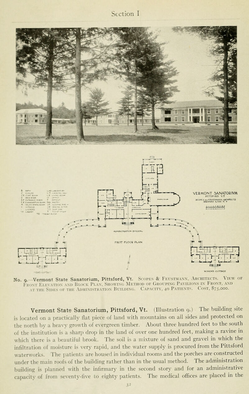 VERMONT 5ANATOCIVM PITTiFORD VT -\BCHITECT^ women:* cottage No. 9.—Vermont State Sanatorium, Pittsford, Vt. Scopes & Feustmaxx, Architects. View of Front Klexatiox and Bloik Plan. Showing Method of Grouping Pavilions in Front, .\nd AT THE Sides of the .\d.\iinistration Building. Capacity, 40 P.\tientp. Cost, $75,000. Vermont State Sanatorium, Pittsford, Vt. (Illustration g.j The building site is located on a practically flat piece of land with mountains on all sides and protected on the north by a heavy growth of evergreen timber. About three hundred feet to the south of the institution is a sharp drop in the land of over one hundred feet, making a ravine m which there is a beautiful brook. The soil is a mii.xture of sand and gravel in which the infiltration of moisture is very rapid, and the water supply is procured from the Pittsford waterworks. The patients are housed in individual rooms and the porches are constructed under the main roofs of the building rather than in the usual method. The administration building is planned with the infirmary in the second story and for an administrative capacity of from seventy-five to eighty patients. The medical offices are placed in the