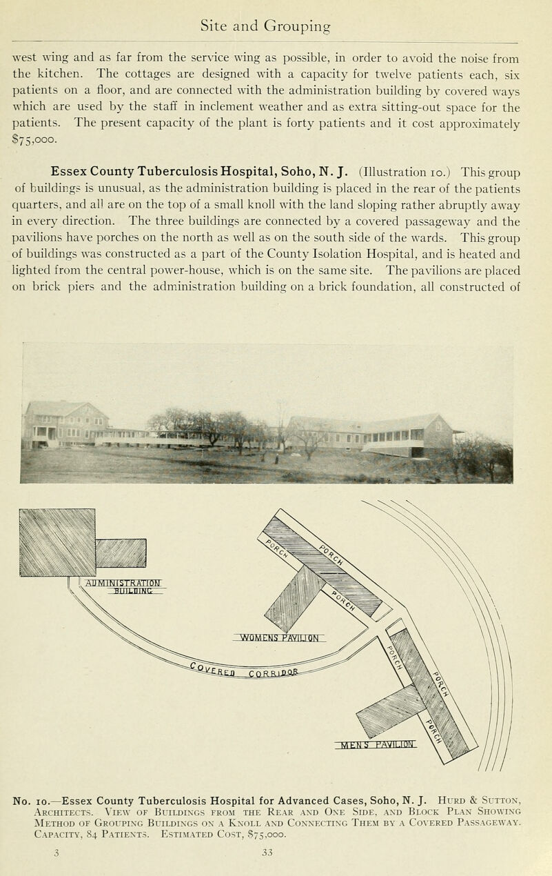 west wing and as far from the service wing as possible, in order to avoid the noise from the kitchen. The cottages are designed with a capacity for twelve patients each, six patients on a floor, and are connected with the administration building by covered ways which are used by the staff in inclement weather and as extra sitting-out space for the patients. The present capacity of the plant is forty patients and it cost approximately $75,000. Essex County Tuberculosis Hospital, Soho, N. J. (lUustration lo.) This group of buildings is unusual, as the administration building is placed in the rear of the patients quarters, and all are on the top of a small knoll with the land sloping rather abruptly away in every direction. The three buildings are connected by a covered passageway and the pavilions have porches on the north as well as on the south side of the wards. This group of buildings was constructed as a part of the County Isolation Hospital, and is heated and lighted from the central power-house, which is on the same site. The pavilions are placed on brick piers and the administration building on a brick foundation, all constructed of 'If-- Jflfif* HEESZESmUQH: No. 10.—Essex County Tuberculosis Hospital for Advanced Cases, Soho, N. J. Hurd & Sutton, Architects. View of Bcildixgs from the Rear and Oxe Side, and Block Plan Showing Method of Grouping Buildings on a Knoll antj Connecting Them by a Covered Passageway. Capacity, 84 Patient.s. Estim.ated Cost, $75,000. 3 3?>
