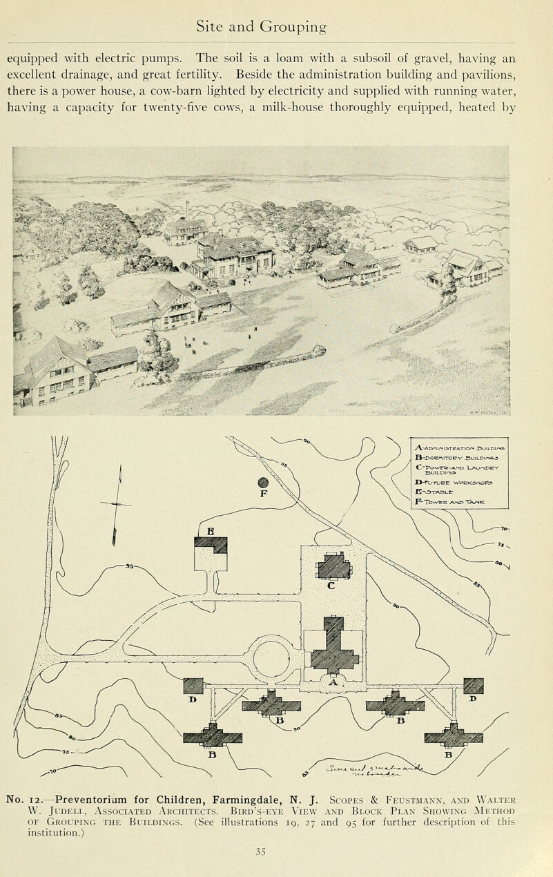 equipped with electric pumps. The soil is a loam with a subsoil of gravel, having an excellent drainage, and great fertility. Beside the administration building and pavilions, there is a power house, a cow-barn hghted by electricity and supplied with running water, having a capacity for twenty-five cows, a milk-house thoroughly equipped, heated by '/* ^^if.r*' ^^^=f No. 12.—Preventorium for Children, Farmingdale, N. J. Scopes & Feustmann, and Walter W. JuDELi., Associated ARciriTECTS. Bird's-eye View and Block Plan Showing Method OF Grouping the Buildings. (See illustrations 19, 27 and 95 for further description of this institution.)