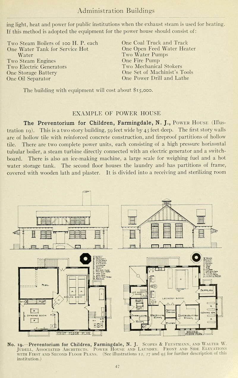 ing light, heat and power for public institutions when the exhaust steam is used for heating If this method is adopted the equipment for the power house should consist of: Two Steam Boilers of loo H. P. each One Water Tank for Service Hot Water Two Steam Engines Two Electric Generators One Storage Battery One Oil Separator One Coal Truck and Track One Open Feed Water Heater Two Water Pumps One Fire Pump Two Mechanical Stokers One Set of Machinist's Tools One Power Drill and Lathe The building with equipment will cost about Si5,coo. EXAMPLE OF POWER HOUSE The Preventorium for Children, Farmingdale, N. J., Power House (Illus- tration 19). This is a two story building, 59 feet wide by 43 feet deep. The first story walls are of hollow tile with reinforced concrete construction, and fireproof partitions of hollow tile. There are two complete power units, each consisting of a high pressure horizontal tubular boiler, a steam turbine directly connected with an electric generator and a switch- board. There is also an ice-making machine, a large scale for weighing fuel and a hot water storage tank. The second floor houses the laundry and has partitions of frame, covered with wooden lath and plaster. It is divided into a receiving and sterilizing room No. 19.—Preventorium for Children, Farmingdale, N. J. Scopes & Feustmann, and Walter W. JuDELL, Associated Architects. Power House and Laundry. Front and Side Elevations WITH First and Second Floor Plans. (See illustrations 12, 27 and 95 for further description of this institution.)