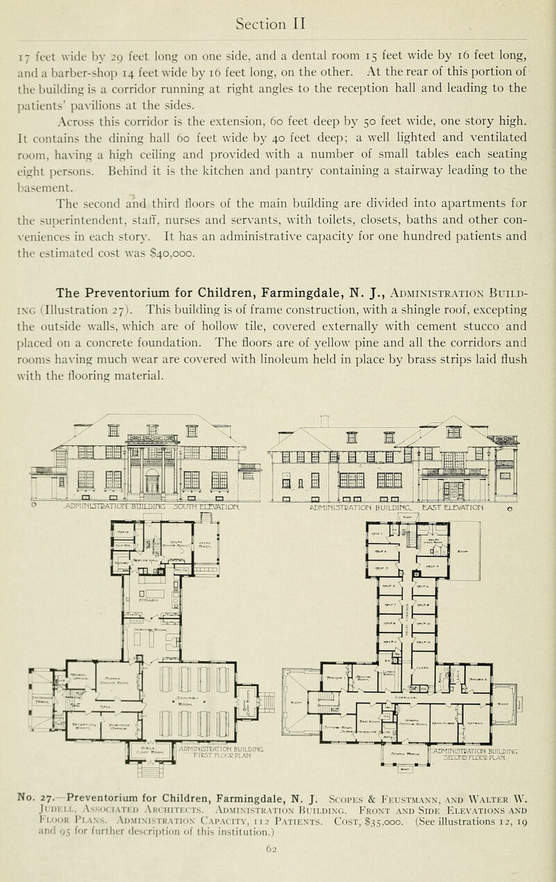 17 feet wide by 29 feet long on one side, and a dental room 15 feet wide by 16 feet long, and a barber-shop 14 feet wide by 16 feet long, on the other. At the rear of this portion of the building is a corridor running at right angles to the reception hall and leading to the patients pavilions at the sides. Across this corridor is the extension, 60 feet deep by 50 feet wide, one story high. It contains the dining hall 60 feet wide by 40 feet deep; a well lighted and ventilated room, having a high ceiling and provided with a number of small tables each seating eight persons. Behind it is the kitchen and pantry containing a stairway leading to the basement. The second and third floors of the main building are divided into apartments for the superintendent, staff, nurses and servants, wdth toilets, closets, baths and other con- veniences in each story. It has an administrative capacity for one hundred patients and the estimated cost was 840,000. The Preventorium for Children, Farmingdale, N. J., Administration Build- ing (Illustration 27). This building is of frame construction, with a shingle roof, excepting the outside walls, which are of hollow tile, covered externally with cement stucco and placed on a concrete foundation. The floors are of yellow pine and all the corridors and rooms having much wear are covered with linoleum held in place by brass strips laid flush with the flooring material. No. 27.- Preventorium for Children, Farmingdale, N. J. Scopes & Feustmann, and Walter W. JrDKI.I., .\SS(I< lATI 1) AurillTKI TS. AUMIMSTKATIOX BuiLDING. FrONT AND SiDE ELEVATIONS AND Flour Plans, .\d.\u.\istkatio.\ Capacity, 112 Patients. Cost, $35,000. (See illustrations 12, 19 and 95 for further description of this institution.)