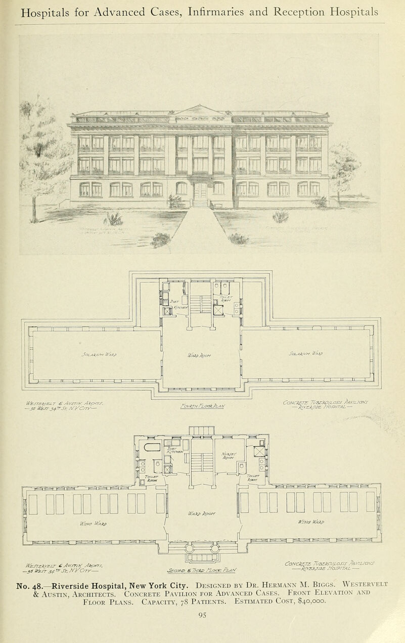 llu i I I uli SsaoND £ Tv/AD flooE Pzyif/ J}/K£X^/J>£ .'/aSP/TAL No. 48.—Riverside Hospital, New York City. Designed by Dr. Hermann M. Biggs. Westervelt & Austin, Architects. Concrete Pavilion for Advanced Cases. Front Elevation and Floor Plans. Capacity, 78 Patients. Estimated Cost, $40,000.