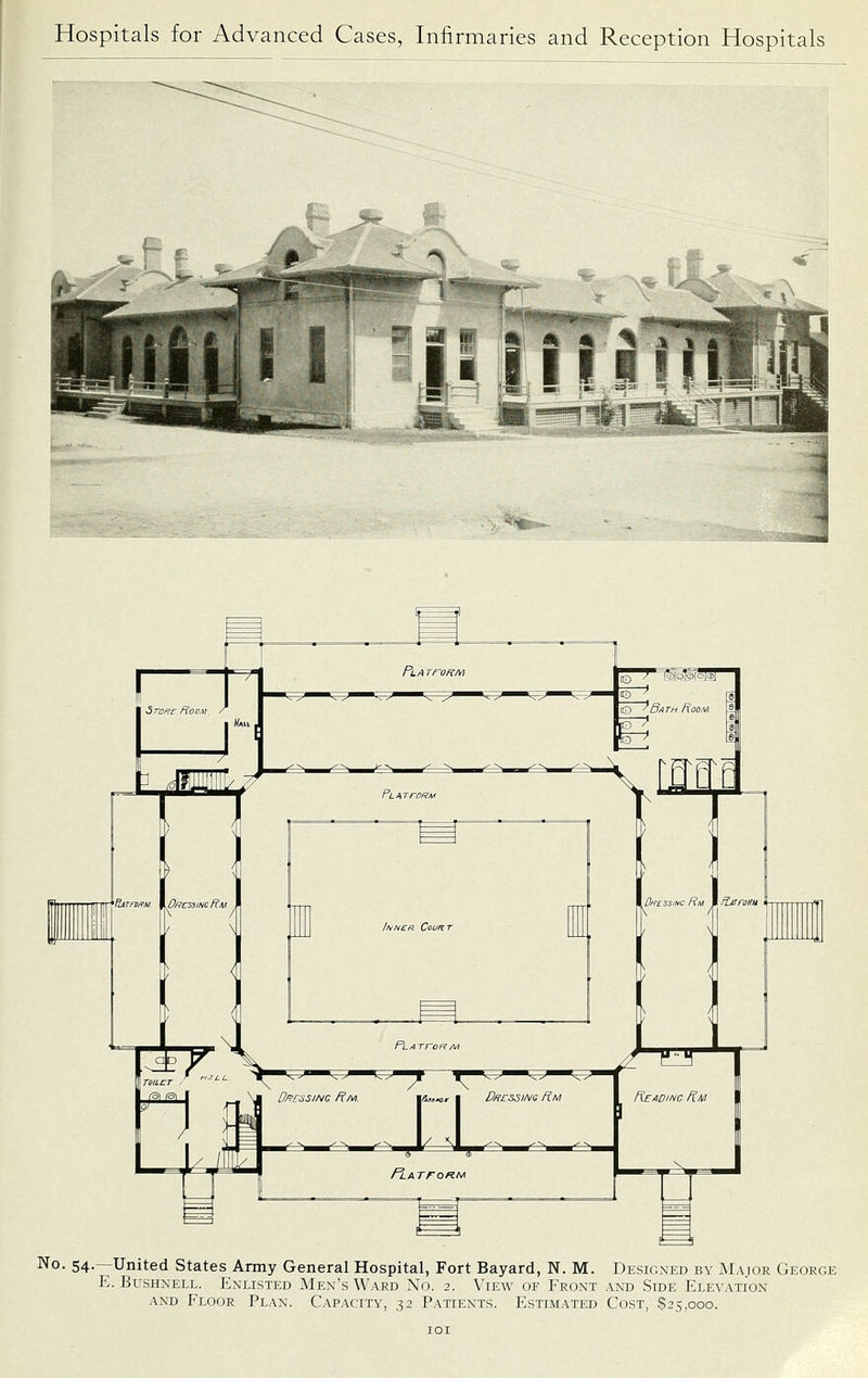 HATnOffM lO/?CS3MC fflU No. 54.—United States Army General Hospital, Fort Bayard, N. M. Designed by Major George E. Bushnell. Enlisted Men's Ward No. 2. View of Front and Side Elevation AND Floor Plan. Capacity, 32 Patients. Estimated Cost, $25,000.