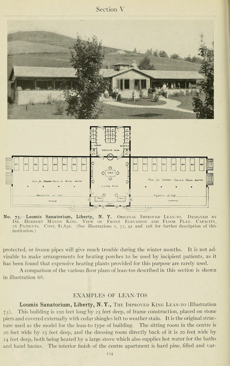 ^^'^ ^ No. 73.—Loomis Sanatorimn, Liberty, N. Y. Original Improved Lean-to. Designed by Dr. Herbert Maxox King. View of Front Elevation and Floor Plan. Capacity, 16 Patients. Cost, $1,830. (See illustrations i, 72, 91 and 108 for further description of this institution.) protected, or frozen pipes will give much trouble during the winter months. It is not ad- visable to make arrangements for heating porches to be used by incipient patients, as it has been found that expensive heating plants provided for this purpose are rarely used. A comparison of the various floor plans of lean-tos described in this section is shown in illustration 68. EXAMPLES OF LEAN-TOS Loomis Sanatorium, Liberty, N. Y., The Improved King Le.\n-to (Illustration 73). This building is 100 feet long by 25 feet deep, of frame construction, placed on stone piers and covered externally with cedar shingles left to w'eather stain. It is the original struc- ture used as the model for the lean-to type of building. The sitting room in the centre is 20 feet wide by 25 feet deep, and the dressing room directly back of it is 20 feet wide by 14 feet deep, both being heated by a large stove which also supplies hot water for the baths and hand basins. The interior finish of the centre apartment is hard pine, filled and var-