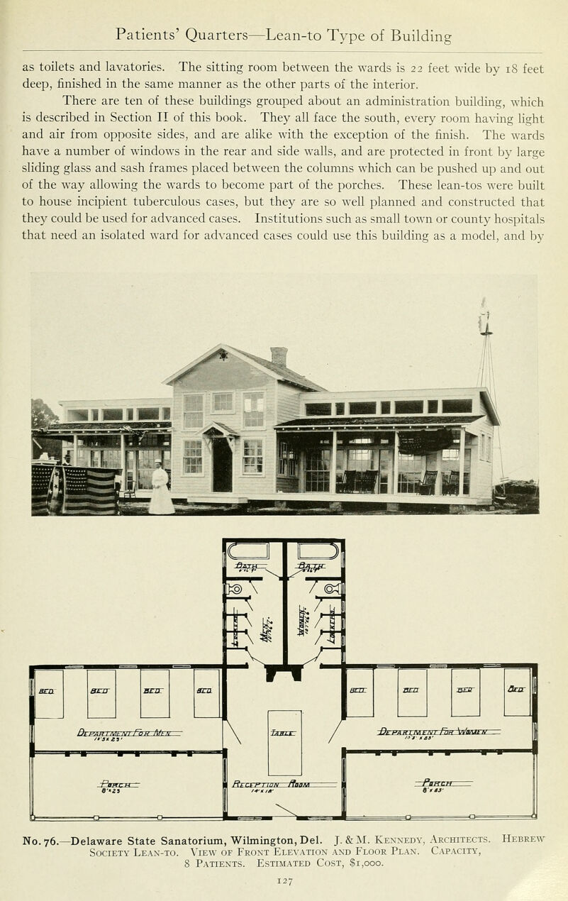 as toilets and lavatories. The sitting room between the wards is 22 feet wide by 18 feet deep, finished in the same manner as the other parts of the interior. There are ten of these buildings grouped about an administration building, which is described in Section II of this book. They all face the south, every room having light and air from opposite sides, and are alike with the exception of the finish. The wards have a number of windows in the rear and side walls, and are protected in front by large sliding glass and sash frames placed between the columns which can be pushed up and out of the way allowing the wards to become part of the porches. These lean-tos were built to house incipient tuberculous cases, but they are so well planned and constructed that they could be used for advanced cases. Institutions such as small town or county hospitals that need an isolated ward for advanced cases could use this building as a model, and by ^ DttJ&n) Mh-Ni ran MhN ■ I Partis H— i ■ ■ ■ ■ PancH ft Mi' No. 76.—Delaware State Sanatorium, Wilmington, Del. J. &M. Kennedy, ARCmTECTS. Hebrew Society Lean-to. View of Front Ele\-ation and Floor Plan. Capacity, 8 Patients. Estimated Cost, $1,000.