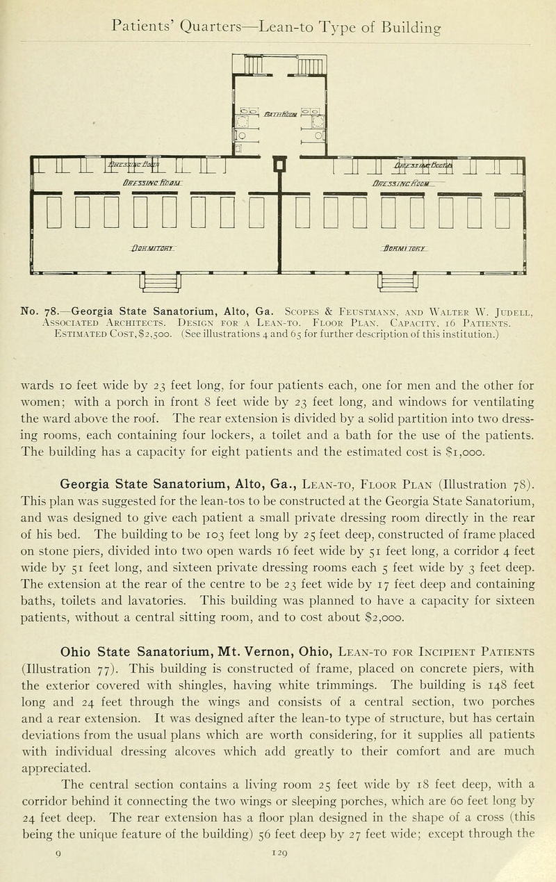 nmF^nrr o  D ~ -pvKMrrmn- _U Jl ^'iiHi _[J il il ^ ^ No. 78.—Georgia State Sanatorium, Alto, Ga. Scopes & Feustmann, and Walter W. Judell, Associated Architects. Design for a Leax-to. Floor Plan. Capacity, 16 Patients. Estimated Cost, $2,500. (See illustrations 4 and 65 for further description of this institution.) wards 10 feet wide by 23 feet long, for four patients each, one for men and the other for women; with a porch in front S feet wide by 23 feet long, and windows for ventilating the ward above the roof. The rear extension is divided by a solid partition into two dress- ing rooms, each containing four lockers, a toilet and a bath for the use of the patients. The building has a capacity for eight patients and the estimated cost is $1,000. Georgia State Sanatorium, Alto, Ga., Lean-to, Floor Plan (lUustration 78). This plan was suggested for the lean-tos to be constructed at the Georgia State Sanatorium, and was designed to give each patient a small private dressing room directly in the rear of his bed. The building to be 103 feet long by 25 feet deep, constructed of frame placed on stone piers, divided into two open wards 16 feet wide by 51 feet long, a corridor 4 feet wide by 51 feet long, and sixteen private dressing rooms each 5 feet wide by 3 feet deep. The extension at the rear of the centre to be 23 feet wide by 17 feet deep and containing baths, toilets and lavatories. This building was planned to have a capacity for sixteen patients, without a central sitting room, and to cost about $2,000. Ohio State Sanatorium, Mt. Vernon, Ohio, Lean-to for Incipient Patients (Illustration 77j. This building is constructed of frame, placed on concrete piers, with the exterior covered with shingles, having white trimmings. The building is 148 feet long and 24 feet through the wings and consists of a central section, two porches and a rear extension. It was designed after the lean-to type of structure, but has certain deviations from the usual plans which are worth considering, for it supplies all patients with individual dressing alcoves which add greatly to their comfort and are much appreciated. The central section contains a living room 25 feet wide by 18 feet deep, with a corridor behind it connecting the two wings or sleeping porches, which are 60 feet long by 24 feet deep. The rear extension has a floor plan designed in the shape of a cross (this being the unicjue feature of the building) 56 feet deep by 27 feet wide; except through the