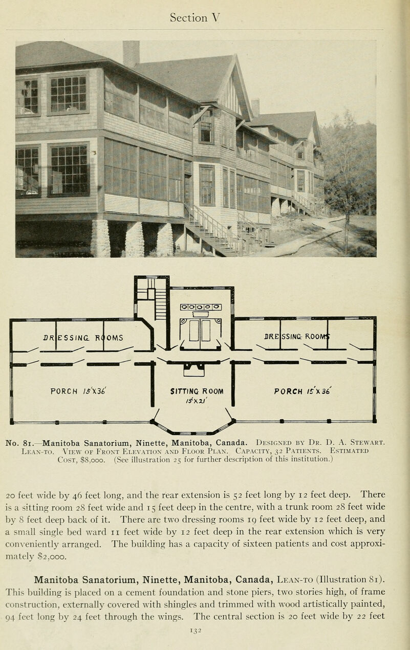 No. 8i.—Manitoba Sanatorium, Ninette, Manitoba, Canada. Designed by Dr. D. A. Stewart. Leax-to. \'ie\v of Front Elevation and Floor Plan. Cap.^city, 32 Patients. Estimated Cost, $8,000. (See illustration 25 for further description of this institution.) 20 feet wide by 46 feet long, and the rear extension is 52 feet long by 12 feet deep. There is a sitting room 28 feet wide and 15 feet deep in the centre, with a trunk room 28 feet wide by 8 feet deep back of it. There are two dressing rooms 19 feet wide by 12 feet deep, and a small single bed ward 11 feet wide by 12 feet deep in the rear extension which is very con\'eniently arranged. The building has a capacity of sixteen patients and cost approxi- mately ^2,000. Manitoba Sanatorium, Ninette, Manitoba, Canada, Lean-to (Illustration Si). This building is placed on a cement foundation and stone piers, two stories high, of frame construction, externally covered with shingles and trimmed with wood artistically painted, 94 feet long by 24 feet through the wings. The central section is 20 feet wide by 22 feet