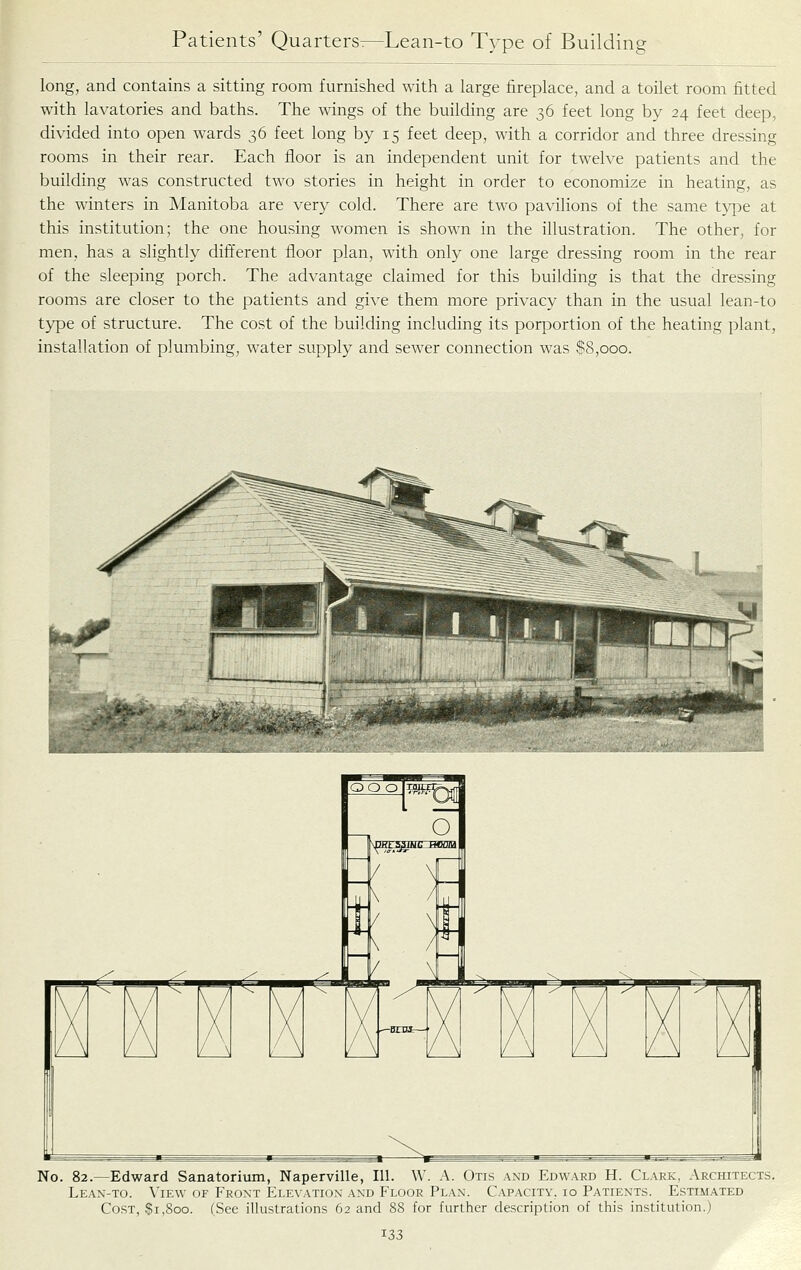 long, and contains a sitting room furnished with a large fireplace, and a toilet room fitted with lavatories and baths. The wings of the building are 36 feet long by 24 feet deep, divided into open wards 36 feet long by 15 feet deep, with a corridor and three dressing rooms in their rear. Each floor is an independent unit for twelve patients and the building was constructed two stories in height in order to economize in heating, as the winters in Manitoba are very cold. There are two pavilions of the same t^^pe at this institution; the one housing women is shown in the illustration. The other, for men, has a slightly different floor plan, with only one large dressing room in the rear of the sleeping porch. The advantage claimed for this building is that the dressing rooms are closer to the patients and give them more privacy than in the usual lean-to type of structure. The cost of the building including its porportion of the heating plant, installation of plumbing, water supply and sewer connection was $8,000. No. 82.—Edward Sanatorium, Naperville, 111. W. A. Otis and Edward H. Clark, Architects. Lean-to. View of Front Elevation and Floor Plan. C.-upacity. 10 Patients. Estimated Cost, $1,800. (See illustrations 62 and 88 for further description of this institution.)