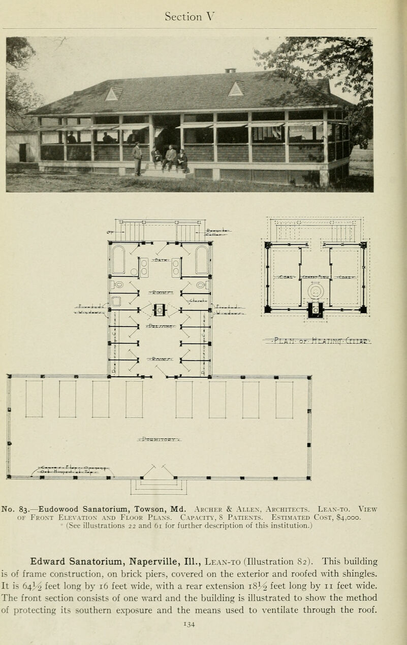 J4e^ Fi Ai'i- Of- III AiJi'^ii-rniAi'- ?uniToyr^ No. 83.—Eudowood Sanatorium, Towson, Md. Archer & Allen. Architects. Le.a.x-to. View OF Front Ele\'ation and Floor Plans. Capacity, 8 Patients. Estimated Cost, 84,000. (See illu.strations 22 and 61 for further description of this institution.) Edward Sanatorium, Naperville, 111., Lean-to (Illustration 82). This building is of frame construction, on brick piers, co\'ered on the exterior and roofed with shingles. It is 64^2 feet long by 16 feet wide, with a rear extension iSVo feet long by 11 feet wide. The front section consists of one ward and the building is illustrated to show the method of protecting its southern exposure and the means used to ventilate through the roof.