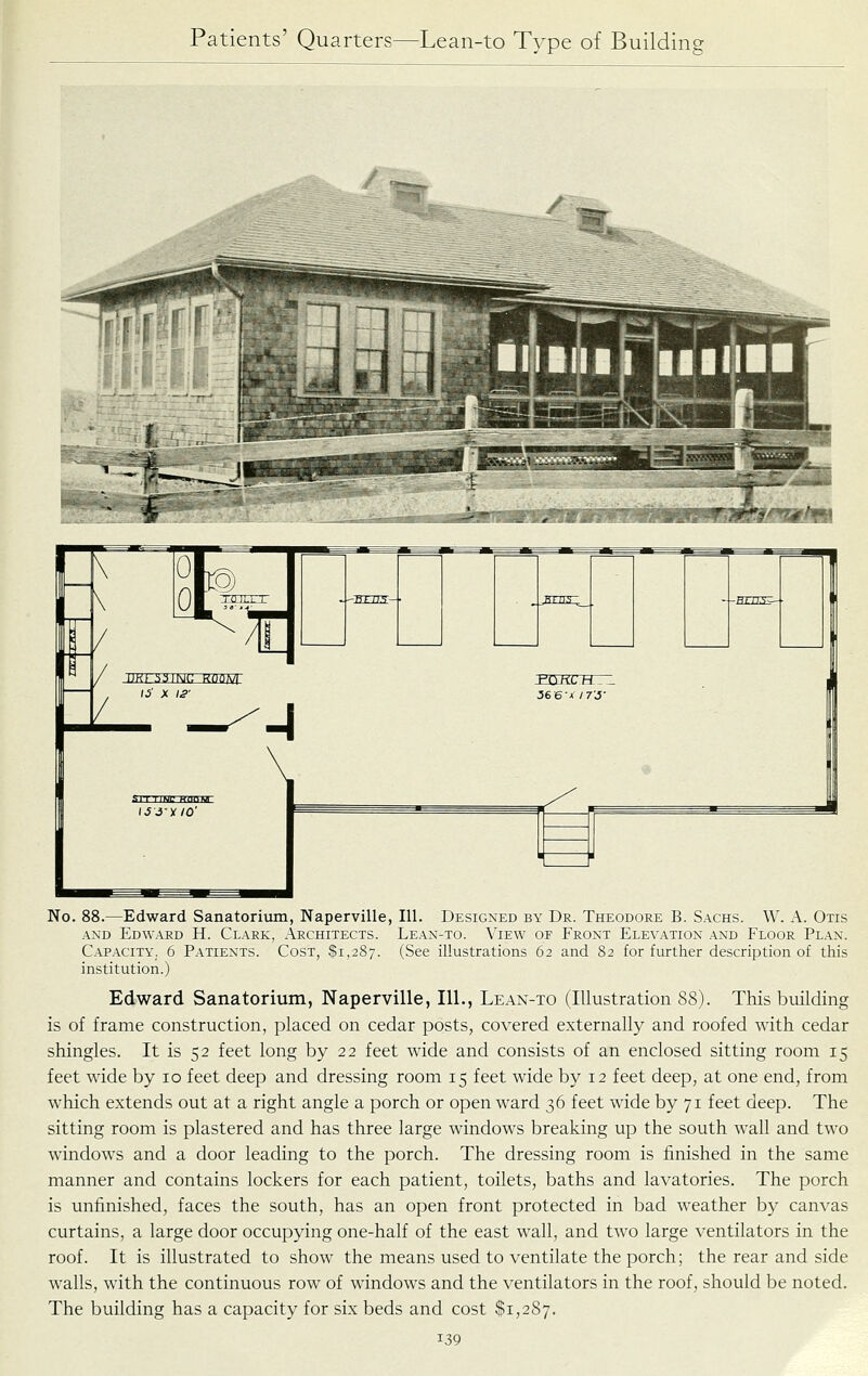 / .—Edward Sanatorium, Naperville, 111. Designed by Dr. Theodore B. Sachs. W. A. Otis AND Edward H. Clark, Architects. Lean-to. View of Front Elevation and Floor Plan. C.AP.ACiTY; 6 Patients. Cost, $1,287. (See illustrations 62 and 82 for further description of this institution.) Edward Sanatorium, Naperville, 111., Lean-to (Illustration 88). This building is of frame construction, placed on cedar posts, covered externally and roofed with cedar shingles. It is 52 feet long by 22 feet wide and consists of an enclosed sitting room 15 feet wide by 10 feet deep and dressing room 15 feet wide by 12 feet deep, at one end, from which extends out at a right angle a porch or open ward 36 feet wide by 71 feet deep. The sitting room is plastered and has three large windows breaking up the south wall and two windows and a door leading to the porch. The dressing room is finished in the same manner and contains lockers for each patient, toilets, baths and lavatories. The porch is unfinished, faces the south, has an open front protected in bad weather by canvas curtains, a large door occupying one-half of the east wall, and two large ventilators in the roof. It is illustrated to show the means used to ventilate the porch; the rear and side walls, with the continuous row of windows and the ventilators in the roof, should be noted. The building has a capacity for six beds and cost $1,287.