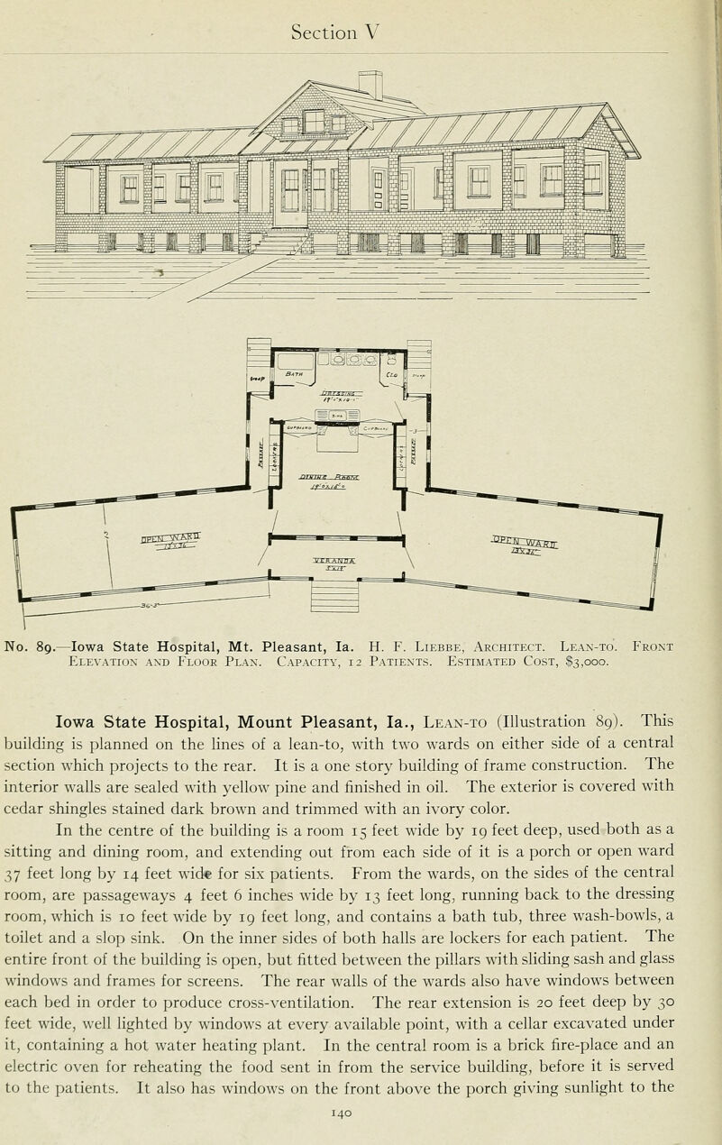 No. 89.—Iowa State Hospital, Mt. Pleasant, la. H. F. Liebbe, Architect. Lean-to. ELEV.A.T10N AND Floor Plan. Capacity, 12 Patients. Estimated Cost, $3,000. Front Iowa State Hospital, Mount Pleasant, la., Lean-to (Illustration 89). This building is planned on the lines of a lean-to, with two wards on either side of a central section which projects to the rear. It is a one story building of frame construction. The interior walls are sealed with yellow pine and finished in oil. The exterior is covered with cedar shingles stained dark brown and trimmed with an ivory color. In the centre of the building is a room 15 feet wide by 19 feet deep, used both as a sitting and dining room, and extending out from each side of it is a porch or open ward 37 feet long by 14 feet wid* for six patients. From the wards, on the sides of the central room, are passageways 4 feet 6 inches wide by 13 feet long, running back to the dressing room, which is 10 feet wide by 19 feet long, and contains a bath tub, three wash-bowls, a toilet and a slop sink. On the inner sides of both halls are lockers for each patient. The entire front of the building is open, but fitted between the pillars with sliding sash and glass windows and frames for screens. The rear walls of the wards also have windows between each bed in order to produce cross-ventilation. The rear extension is 20 feet deep by 30 feet wide, well lighted by windows at every available point, with a cellar excavated under it, containing a hot water heating plant. In the central room is a brick fire-place and an electric oven for reheating the food sent in from the service building, before it is served to the patients. It also has windows on the front above the porch giving sunlight to the