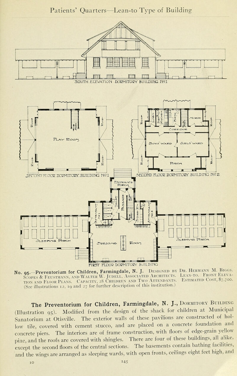 T^QIJTH ^EZVATIOM -DOEMrrOEY BUliX): _ ■ 1^ Pm ^ *■ TTE5n=ID012 DOEimTOEY BUlLDinG No. 0=;.—Preventorium for Children, Farmingdale, N. J. Designed by Dr. Hermann M. Biggs. Scopes k Feustmann, and Walter W. Judell, Associated Architects. Lean-to. Front Eleva- tion ANT5 Floor Plans. Capacity, 28 Children and Two Attendants. Estimated Cost, $7^00. (See illustrations 12, 19 and 27 for further description of this institution.) The Preventorium for Children, Farmingdale, N. J., Dormitory Building (Illustration 95). Modified from the design of the shack for children at Municipal Sanatorium at Otisville. The exterior walls of these pavilions are constructed of hol- low tile, covered with cement stucco, and are placed on a concrete foundation and concrete piers. The interiors are of frame construction, with floors of edge-grain yellow pine, and the roofs are covered with shingles. There are four of these buildings, all alike, except the second floors of the central sections. The basements contain bathing facihties, and the wings are arranged as sleeping wards, with open fronts, ceilings eight feet high, and TO I4S