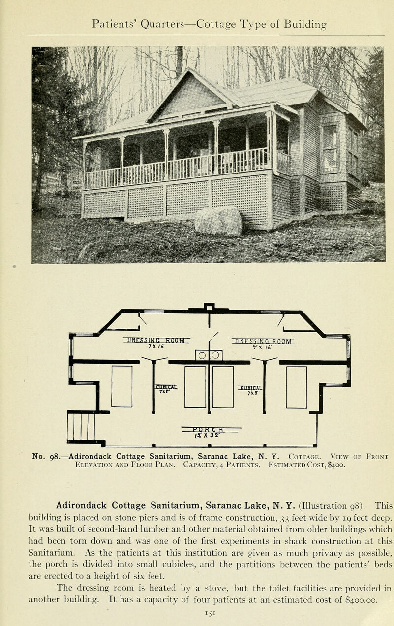 7'X 16' / o o llKI-'.^'mNg ROOM rx 16' 'WUH r H- /arx ar CMHIfiAl No. 98.—Adirondack Cottage Sanitarium, Saranac Lake, N. Y. Cottage. View of Front Elevation and Floor Plan. Capacity, 4 Patients. Estimated Cost, $400. Adirondack Cottage Sanitarium, Saranac Lake, N. Y. (Illustration 98). This building is placed on stone piers and is of frame construction, j^i feet wide by 19 feet deep. It was built of second-hand lumber and other material obtained from older buildings which had been torn down and was one of the first experiments in shack construction at this Sanitarium. As the patients at this institution are given as much privacy as possible, the porch is divided into small cubicles, and the partitions between the patients' beds are erected to a height of six feet. The dressing room is heated by a stove, but the toilet facilities are provided in another building. It has a capacity of four patients at an estimated cost of $400.00.