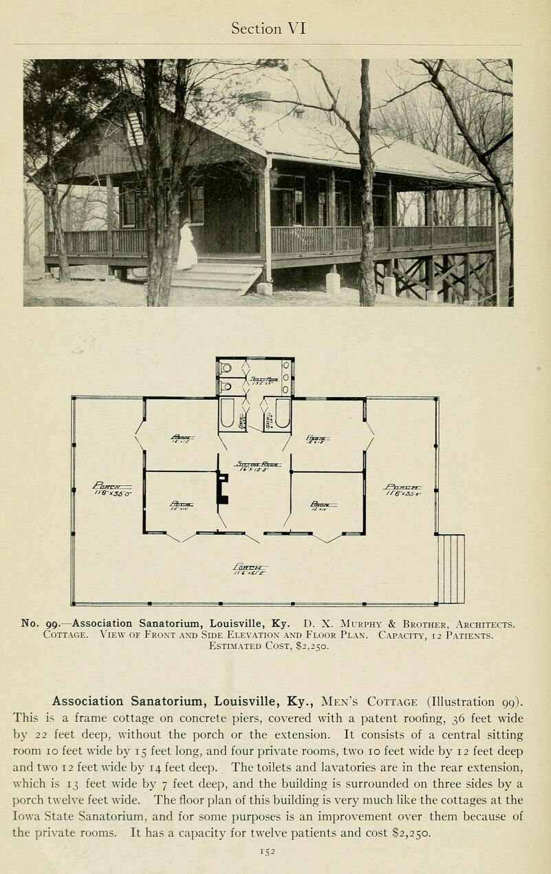 No. 99.—Association Sanatorimn, Louisville, Ky. D. X. Murphy & Brother, Architects. Cottage. View of Front and Side Elevation and Floor Plan. Capacity, 12 Patients. Estimated Cost, $2,250. Association Sanatorium, Louisville, Ky., Men's Cottage (Illustration 99). This is a frame cottage on concrete piers, covered with a patent roofing, 36 feet wide Vjy 22 feet deep, without the porch or the extension. It consists of a central sitting room 10 feet wide by 15 feet long, and four private rooms, two 10 feet wide by 12 feet deep and two 12 feet wide by 14 feet deep. The toilets and lavatories are in the rear extension, which is 13 feet wide by 7 feet deep, and the building is surrounded on three sides by a porch twelve feet wide. The floor plan of this building is very much like the cottages at the Iowa State Sanatorium, and for some purposes is an improvement over them because of the private rooms. It has a capacity for twelve patients and cost $2,250.