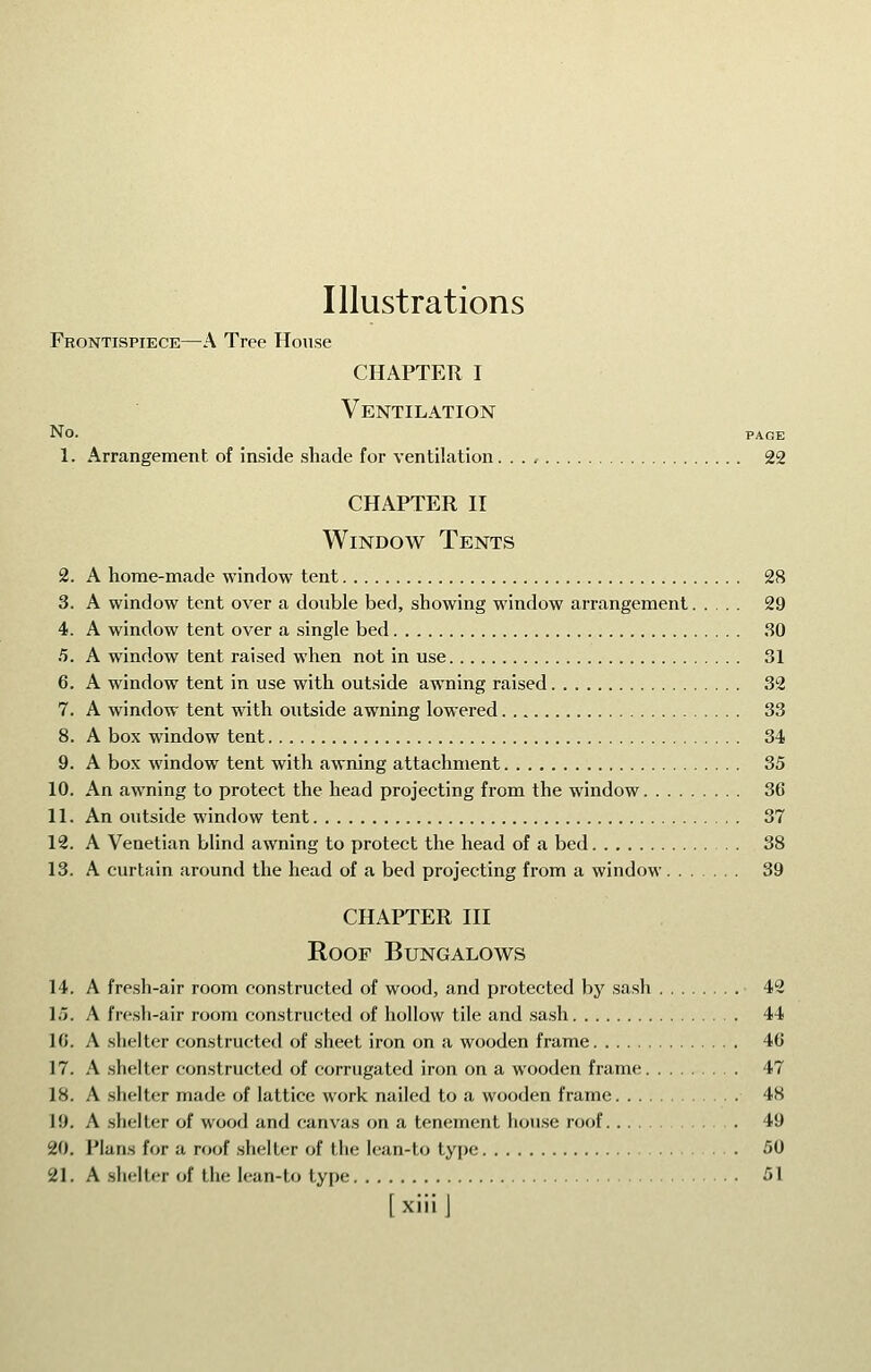 Illustrations Frontispiece—A Tree House CHAPTER I Ventilation No. PAGE 1. Arrangement of inside shade for ventilation 22 CHAPTER II Window Tents 2. A horae-made window tent 28 3. A window tent over a double bed, showing window arrangement 29 4. A window tent over a single bed 80 .^. A window tent raised when not in use 31 6. A window tent in use with outside awning raised 32 7. A window tent with outside awning lowered 33 8. A box window tent 34 9. A box window tent with awning attachment 35 10. An awning to protect the head projecting from the window 36 11. An outside window tent 37 12. A Venetian blind awning to protect the head of a bed 38 13. A curtain around the head of a bed projecting from a window 39 CHAPTER III Roof Bungalows 14. A fresh-air room constructed of wood, and protected by sash 42 15. A fresh-air room constructed of hollow tile and sash 44 10. A shelter constructed of sheet iron on a wooden frame 46 17. A shelter constructed of corrugated iron on a wooden frame 47 18. A shelter made of lattice work nailed to a wooden frame 48 19. A shelter of wood and canvas on a tenement hou.se roof 49 20. Plans for a roof shelter of the lean-to type 50 21. A shelter of the lean-to type 51