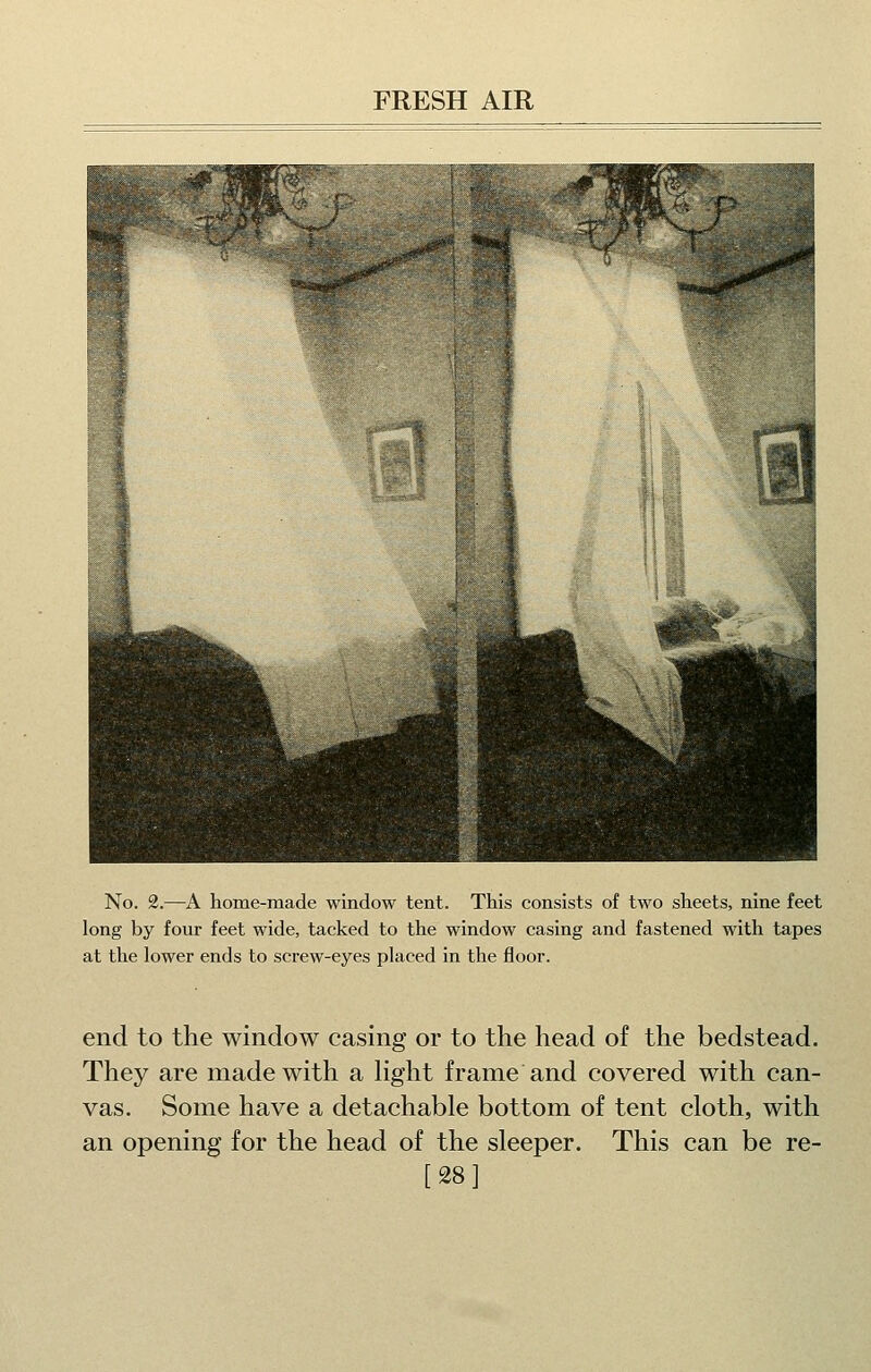 No. 2.—A home-made window tent. This consists of two sheets, nine feet long by four feet wide, tacked to the window casing and fastened with tapes at the lower ends to screw-eyes placed in the floor. end to the window casing or to the head of the bedstead. They are made with a Hght frame and covered with can- vas. Some have a detachable bottom of tent cloth, with an opening for the head of the sleeper. This can be re- [281