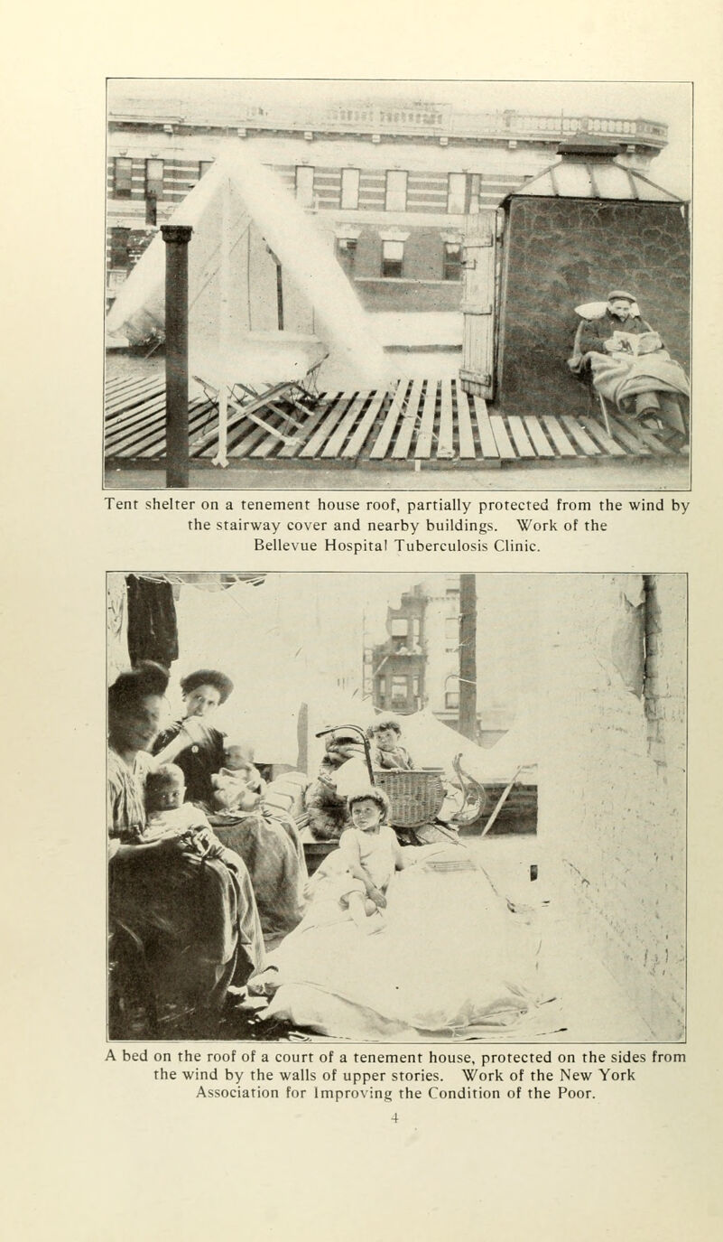 the stairway cover and nearby buildings. Work of the Bellevue Hospital Tuberculosis Clinic. A bed on the roof of a court of a tenement house, protected on the sides from the wind by the walls of upper stories. Work of the New York Association for Improving the Condition of the Poor.