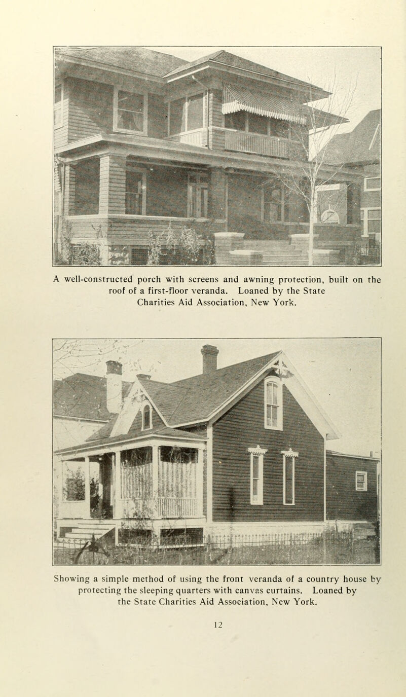 A well-constructed porch with screens and awning protection, built on the roof of a first-floor veranda. Loaned by the State Charities Aid Association, New York. Showing a simple method of using the front veranda of a country house by protecting the sleeping quarters with canvas curtains. Loaned by the State Charities Aid Association, New York.