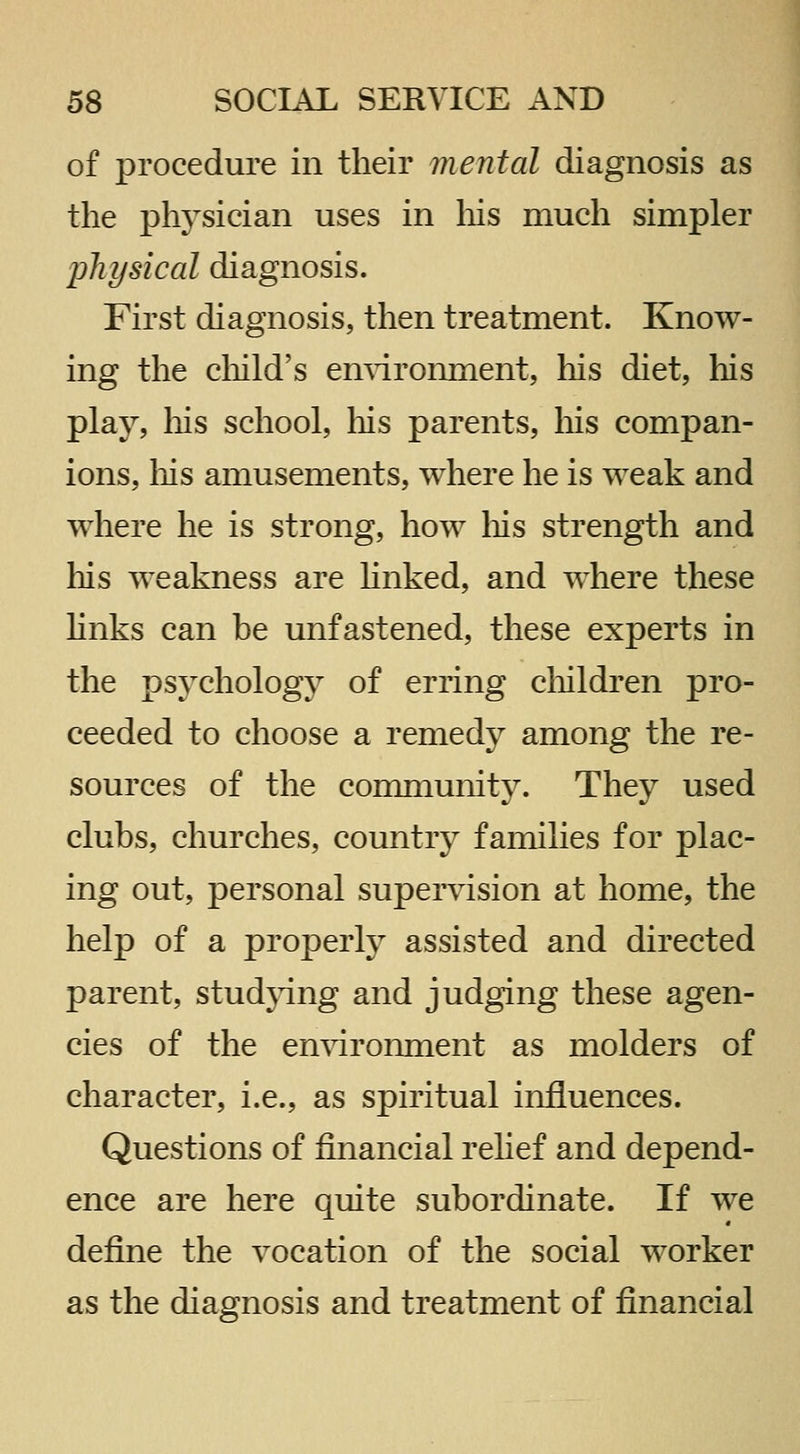 of procedure in their mental diagnosis as the physician uses in liis much simpler physical diagnosis. First diagnosis, then treatment. Know- ing the cliild's environment, his diet, his play, liis school, liis parents, liis compan- ions, liis amusements, where he is weak and where he is strong, how his strength and his weakness are hnked, and where these hnks can be unfastened, these experts in the psychology of erring cliildren pro- ceeded to choose a remedy among the re- sources of the community. They used clubs, churches, country families for plac- ing out, personal supervision at home, the help of a properly assisted and directed parent, studpng and judging these agen- cies of the envdronment as molders of character, i.e., as spiritual influences. Questions of financial rehef and depend- ence are here quite subordinate. If we define the vocation of the social worker as the diagnosis and treatment of financial