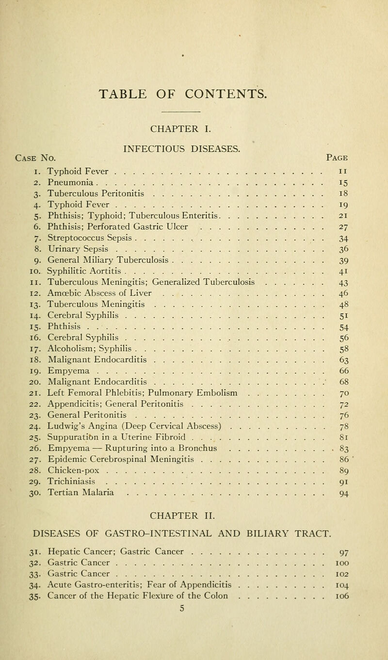 CHAPTER I. INFECTIOUS DISEASES. Case No. Page 1. Typhoid Fever il 2. Pneumonia 15 3. Tuberculous Peritonitis 18 4. Typhoid Fever 19 5. Phthisis; Typhoid; Tuberculous Enteritis 21 6. Phthisis; Perforated Gastric Ulcer 27 7. Streptococcus Sepsis , 34 8. Urinary Sepsis 36 9. General Miliary Tuberculosis 39 10. Syphilitic Aortitis 41 11. Tuberculous Meningitis; Generalized Tuberculosis 43 12. Amoebic Abscess of Liver 46 13. Tuberculous Meningitis 48 14. Cerebral Sj^philis 51 15. Phthisis 54 16. Cerebral Syphilis 56 17. Alcoholism; Syphilis 58 18. Malignant Endocarditis 63 19. Empyema 66 20. Malignant Endocarditis  68 21. Left Femoral Phlebitis; Pulmonary Embolism 70 22. Appendicitis; General Peritonitis ^2 23. General Peritonitis 76 24. Ludwig's Angina (Deep Cervical Abscess) 78 25. Suppuration in a Uterine Fibroid 81 26. Empyema — Rupturing into a Bronchus 83 27. Epidemic Cerebrospinal Meningitis 86 28. Chicken-pox 89 29. Trichiniasis 91 30. Tertian Malaria 94 CHAPTER II. DISEASES OF GASTRO-INTESTINAL AND BILIARY TRACT. 31. Hepatic Cancer; Gastric Cancer 97 32. Gastric Cancer 100 33. Gastric Cancer 102 34. Acute Gastro-enteritis; Fear of Appendicitis 104 35. Cancer of the Hepatic Flexure of the Colon 106