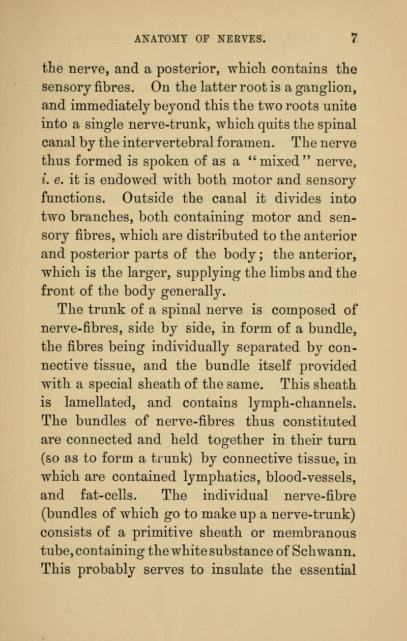 the nerve, and a posterior, whicli contains the sensory fibres. On the latter root is a ganglion, and immediately beyond this the two roots unite into a single nerve-trunk, which quits the spinal canal by the intervertebral foramen. The nerve thus formed is spoken of as a ''mixed nerve, i. e. it is endowed with both motor and sensory functions. Outside the canal it divides into two branches, both containing motor and sen- sory fibres, which are distributed to the anterior and posterior parts of the body; the anterior, which is the larger, supplying the limbs and the front of the body generally. The trunk of a spinal nerve is composed of nerve-fibres, side by side, in form of a bundle, the fibres being individually separated by con- nective tissue, and the bundle itself provided with a special sheath of the same. This sheath is lamellated, and contains lymph-channels. The bundles of nerve-fibres thus constituted are connected and held together in their turn (so as to form a trunk) by connective tissue, in which are contained lymphatics, blood-vessels, and fat-cells. The individual nerve-fibre (bundles of which go to make up a nerve-trunk) consists of a primitive sheath or membranous tube, containing the white substance of Schwann. This probably serves to insulate the essential