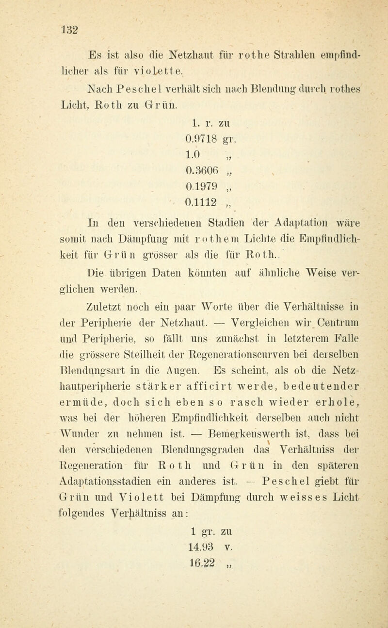 Es ist also die Netzhaut für rot he Strahlen empfind- licher als für violette. Nach Peschel verhält sich nach Blendung durch rotlies Licht, Roth zu G ruh. 1. r. zu 0.9718 gr. 1.0 0.3606 „ 01979 „ 0.1112 „ In den verschiedenen Stadien der Adaptation wäre somit nach Dämpfung mit rothem Lichte die Empfindlich- keit für Grün grösser als die für Roth. Die übrigen Daten könnten auf ähnliche Weise ver- glichen werden. Zuletzt noch ein paar Worte über die Verhältnisse in der Peripherie der Netzhaut. — Vergleichen wir Centrum und Peripherie, so fällt uns zunächst in letzterem Falle die grössere Steilheit der Regenerationscurven bei derselben Blendungsart in die Augen. Es scheint, als ob die Netz- hautperipherie stärker afficirt werde, bedeutender ermüde, doch sich eben so rasch wieder erhole, was bei der höheren Empfindlichkeit derselben auch nicht Wunder zu nehmen ist. — Bemerkenswerth ist, dass bei den verschiedenen Blendungsgraden das Verhältnis^ der Regeneration für Roth und G r ü n in den späteren Adaptationsstadien ein anderes ist. — Peschel giebt für Grün und Violett bei Dämpfung durch weisses Licht folgendes Verhältniss an: 1 gr. zu 14.93 v. 16.22 „