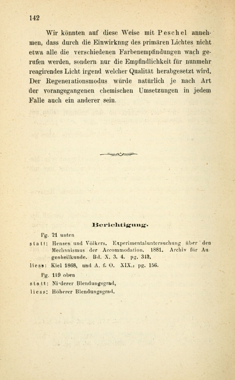 Wir könnten auf diese Weise mit P esc hei anneh- men, dass durch die Einwirkung des primären Lichtes nicht etwa alle die verschiedenen Farbenempfindungen wach ge- rufen werden, sondern nur die Empfindlichkeit für nunmehr reagirendes Licht irgend welcher Qualität herabgesetzt wird. Der Regeneiationsmodus würde natürlich je nach Art der vorangegangenen chemischen Umsetzungen in jedem Falle auch ein anderer sein. Pg. 21 unten statt: Hensen und Völkers. Experimentaluntersuchung über den Mechanismus der Accommodation. 1881. Archiv für Au genheilkunde. Bd. X. 3. 4. pg. 312. liess: Kiel 1868, und A. f. 0. XLX.i pg. 156. Tg. 119 oben statt: Niederer Blendungsgrad, Hess: Höherer Blendungsgrad.