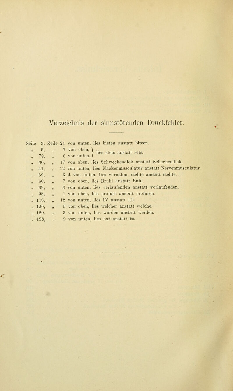 Verzeichnis der sinnstörenden Druckfehler. Seite 3, Zeile 21 von unten, lies bieten anstatt biteen.  ' v ' ) lies stets anstatt sets. r 72, „ 6 von unten, j „ 30, _ 17 von oben, lies Schwechendick anstatt Schecbendick. „ 41, „ 12 von unten, lies Naekenmusculatur anstatt Nervenmusculatur. „ 50, „ 3, 4 von unten, lies vornahm, stellte anstatt stellte. „ 60, „ 7 von oben, lies Brühl anstatt Buhl. „ 69, „ 3 von unten, lies verlaufenden anstatt vorlaufenden. „ 98, „ 1 von oben, lies profuse anstatt profusen. „118, „ 12 von unten, lies IV anstatt in. „ 120, „ 5 von oben, lies welcher anstatt welche. „ 120, „ 3 von unten, lies worden anstatt werden.