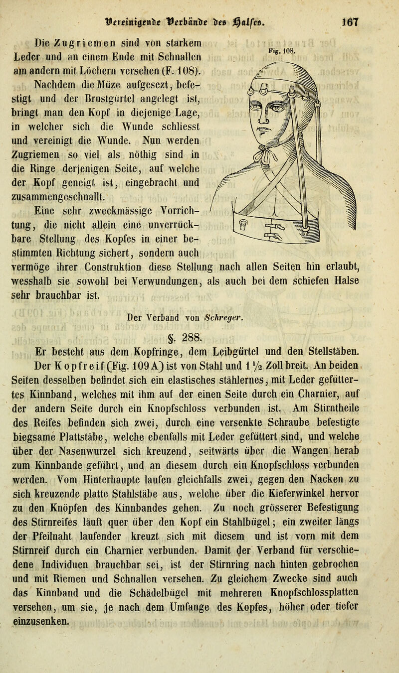 Fig. 108. Die Zugriemen sind von starkem Leder und an einem Ende mit Schnallen am andern mit Löchern versehen (F. 108). Nachdem die Müze aufgesezt, befe- stigt und der Brustgnrtel angelegt ist, bringt man den Kopf in diejenige Lage, in welcher sich die Wunde schliesst und vereinigt die Wunde. Nun werden Zugriemen so viel als nöthig sind in die Ringe derjenigen Seite, auf welche der Kopf geneigt ist, eingebracht und zusammengeschnallt. ., • Eine sehr zweckmässige Vorrich- tung, die nicht allein eine unverrück- bare Stellung des Kopfes in einer be- stimmten Richtung sichert, sondern auch vermöge ihrer Construktion diese Stellung nach allen Seiten hin erlaubt, wesshalb sie sowohl bei Verwundungen, als auch bei dem schiefen Halse sehr brauchbar ist. Der Verband von Schreger. §. 288. «,. Er besteht aus dem Kopfringe, dem Leibgürtel und den Stellstäben. Der K 0 p f r e i f (Fig. 109 A) ist von Stahl und 1 '/j Zoll breit. An beiden Seiten desselben befindet sich ein elastisches stählernes, mit Leder gefütter- tes Kinnband, welches mit ihm auf der einen Seite durch ein Charnier, auf der andern Seite durch ein Knopfschloss verbunden ist. Am Stirntheile des Reifes befinden sich zwei, durch eine versenkte Schraube befestigte biegsame Plattstäbe, welche ebenfalls mit Leder gefüttert sind, und welche über der Nasenwurzel sich kreuzend, seitwärts ober die Wangen herab zum Kinnbande geführt, und an diesem durch ein Knopfschloss verbunden werden. Vom Hinterhaupte laufen gleichfalls zwei, gegen den Nacken zu sich kreuzende platte Stahlstäbe aus, welche über die Kieferwinkel hervor zu den Knöpfen des Kinnbandes gehen. Zu noch grösserer Befestigung des Stirnreifes läuft quer über den Kopf ein Stahlbügel; ein zweiter längs der Pfeilnaht laufender kreuzt sich mit diesem und ist vorn mit dem Stirnreif durch ein Charnier verbunden. Damit der Verband für verschie- dene Individuen brauchbar sei, ist der Stirnring nach hinten gebrochen und mit Riemen und Schnallen versehen. Zu gleichem Zwecke sind auch das Kinnband und die Schädelbügel mit mehreren Knopfschlossplatten versehen, um sie, je nach dem Umfange des Kopfes, höher oder tiefer einzusenken.