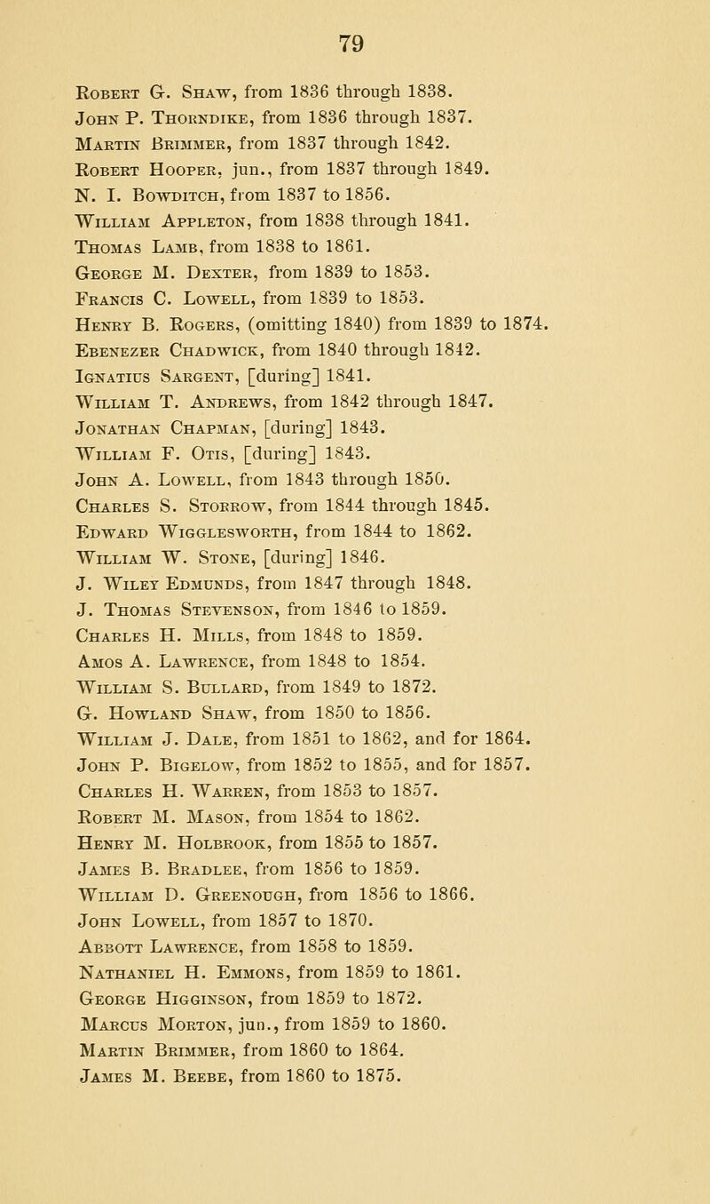 Robert G-. Shaw, from 1836 through 1838. John P. Thorkdike, from 1836 through 1837. Martin Brimmer, from 1837 through 1842. Robert Hooper, jun., from 1837 through 1849. N. I. Bowditch, from 1837 to 1856. William Appleton, from 1838 through 1841. Thomas Lasib, from 1838 to 1861. George M. Dexter, from 1839 to 1853. Francis C. Lowell, from 1839 to 1853. Henry B. Rogers, (omitting 1840) from 1839 to 1874. Ebenezer Chadwick, from 1840 through 1842. Ignatius Sargent, [during] 1841. William T. Andrews, from 1842 through 1847. Jonathan Chapman, [during] 1843. William F. Otis, [during] 1843. John A. Lowell, from 1843 through 1850. Charles S. Storrow, from 1844 through 1845. Edward Wiggles worth, from 1844 to 1862. William W. Stone, [during] 1846, J. Wiley Edmunds, from 1847 through 1848. J. Thomas Stevenson, from 1846 to 1859. Charles H. Mills, from 1848 to 1859. Amos A. Lawrence, from 1848 to 1854. William S. Bullard, from 1849 to 1872. G. Howland Shaw, from 1850 to 1856. William J. Dale, from 1851 to 1862, and for 1864. John P. Bigelow, from 1852 to 1855, and for 1857. Charles H. Warren, from 1853 to 1857. Robert M. Mason, from 1854 to 1862. Henry M. Holbrook, from 1855 to 1857. James B. Bradlee, from 1856 to 1859. William D. Greenotjgh, from 1856 to 1866. John Lowell, from 1857 to 1870. Abbott Lawrence, from 1858 to 1859. Nathaniel H. Emmons, from 1859 to 1861. George Higginson, from 1859 to 1872. Marcus Morton, jun., from 1859 to 1860. Martin Brimmer, from 1860 to 1864. James M. Beebe, from 1860 to 1875.