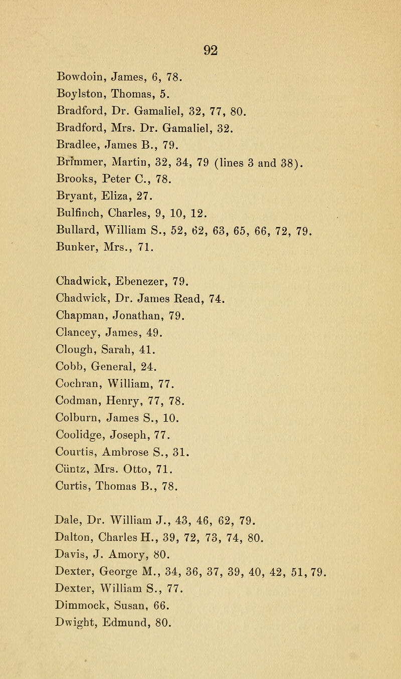 Bowdoin, James, 6, 78. Boylston, Thomas, 5. Bradford, Dr. Gamaliel, 32, 77, 80. Bradford, Mrs. Dr. Gamaliel, 32. Bradlee, James B., 79. Brimmer, Martin, 32, 34, 79 (lines 3 and 38). Brooks, Peter C, 78. Bryant, Eliza, 27. Bulfinch, Charles, 9, 10, 12. Bullard, William S., 52, 62, 63, 65, Q6, 72, 79. Bunker, Mrs., 71. Chadwick, Ebenezer, 79. Chadwick, Dr. James Eead, 74. Chapman, Jonathan, 79. Clancey, James, 49. Clough, Sarah, 41. Cobb, General, 24. Cochran, William, 77. Codman, Henry, 77, 78. Colburn, James S., 10. Coolidge, Joseph, 77. Courtis, Ambrose S., 31. Ciintz, Mrs. Otto, 71. Curtis, Thomas B., 78. Dale, Dr. William J., 43, 46, 62, 79. Dalton, Charles H., 39, 72, 73, 74, 80. Davis, J. Amory, 80. Dexter, George M., 34, 36, 37, 39, 40, 42, 51, 79. Dexter, William S., 77. Dimmock, Susan, 6Q. Dwight, Edmund, 80.