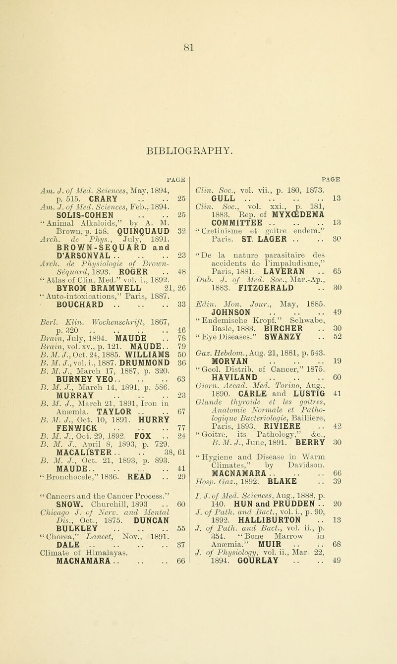 BIBLIOGEAPHY. Am. J. of Med. Sciences, May, 1894, p. 515. CRARY ... .. 25 Am. J. of Med. Sciences, Feb., 1894. SOLIS-COHEN .. ..25 Animal Alkaloids, by A. M. Brown, p. 158. QUINQUAUD 32 Arch. de Pliys., July, 1891. BROWN-SEQUARD and D'ARSONYAL 23 Arch, de Physiologic of Broivn- Sequard, 1893. ROGER .. 48 Atlas of Clin. Med. vol. i., 1892. BYROM BRAMWELL 21, 26 Auto-intoxications, Paris, 1887. BOUCHARD 33 Berl. Klin. Wochenschrift, 1867, p. 320 46 Brain, July, 1894. MAUDE .. 78 Brain, vol. xv., p. 121. MAUDE.. 79 B.M. J., Oct. 2i, 1885. WILLIAMS 50 B. M. J., vol. i., 1887. DRUMMOND 36 B.M.J., March 17, 1887, p. 320. BURNEY YEO 63 B. M. J., March 14, 1891, p. 586. MURRAY 23 B. M. J., March 21, 1891, Iron in Ancernia. TAYLOR .. ..67 B. M. J., Oct. 10, 1891. HURRY FENWIGK 77 B. M. J., Oct. 29, 1892. FOX .. 24 B. M. J., April 8, 1893, p. 729. MACALISTER .. .. 38, 61 B. M. J., Oct. 21, 1893, p. 893. MAUDE.. 41  Bronchocele, 1836. READ .. 29  Cancers and the Cancer Process. SNOW. Churchill, 1893 .. 60 Chicago J. of Nerv. and Mental Dis., Oct., 1875. DUNCAN BULKLEY 55 Chorea, Lancet, Nov., 1891. DALE 37 Climate of Himalayas. MACNAMARA 66 Clin. Soc., vol. vii., p. 180, 1873. GULL 13 Clin. Soc, vol. xxi., p. 181, 1883. Rep. of MYXCEDEMA COMMITTEE 13  Cretinisme et goitre endem. Paris. ST. LAGER .. .. 30 De la nature parasitaire des accidents de l'impaludisme, Paris, 1881. LAYERAN .. 65 Dub. J. of Med. Soc, Mar.-Ap., 1883. FITZGERALD .. 30 Edin. Mon. Jour., May, 1885. JOHNSON 49 Endemische Kropf. Schwabe, Basle, 1883. BIRCHER .. 30  Eye Diseases. SWANZY .. 52 Gaz. Eebdom., Aug. 21,1881, p. 543. MORYAN 19  Geol. Distrib. of Cancer, 1875. HAYILAND 60 Giom. Accad. Med. Torino, Aug., 1890. CARLE aud LUSTIG 41 Glande thyroide et les goitres, Anatomie Normale et Patho- logique Bacteriologie, Bailliere, Paris, 1893. RIYIERE .. 42 Goitre, its Pathology, &c, B. M. J., June, 1891. BERRY 30 Hygiene and Disease in Warm Climates, by Davidson. MACNAMARA 66 Hosp. Gaz., 1892. BLAKE .. 39 I. J. of Med. Sciences, Aug., 1888, p. 140. HUN and PRUDDEN .. 20 J. of Path, and Bad., vol. i., p. 90, 1892. HALLIBURTON .. 13 J. of Path, and Bad., vol. ii., p. 354.  Bone Marrow in Ancernia. MUIR .. ..68 J. of Physiology, vol. ii., Mar, 22, 1894. GOURLAY .. ..49