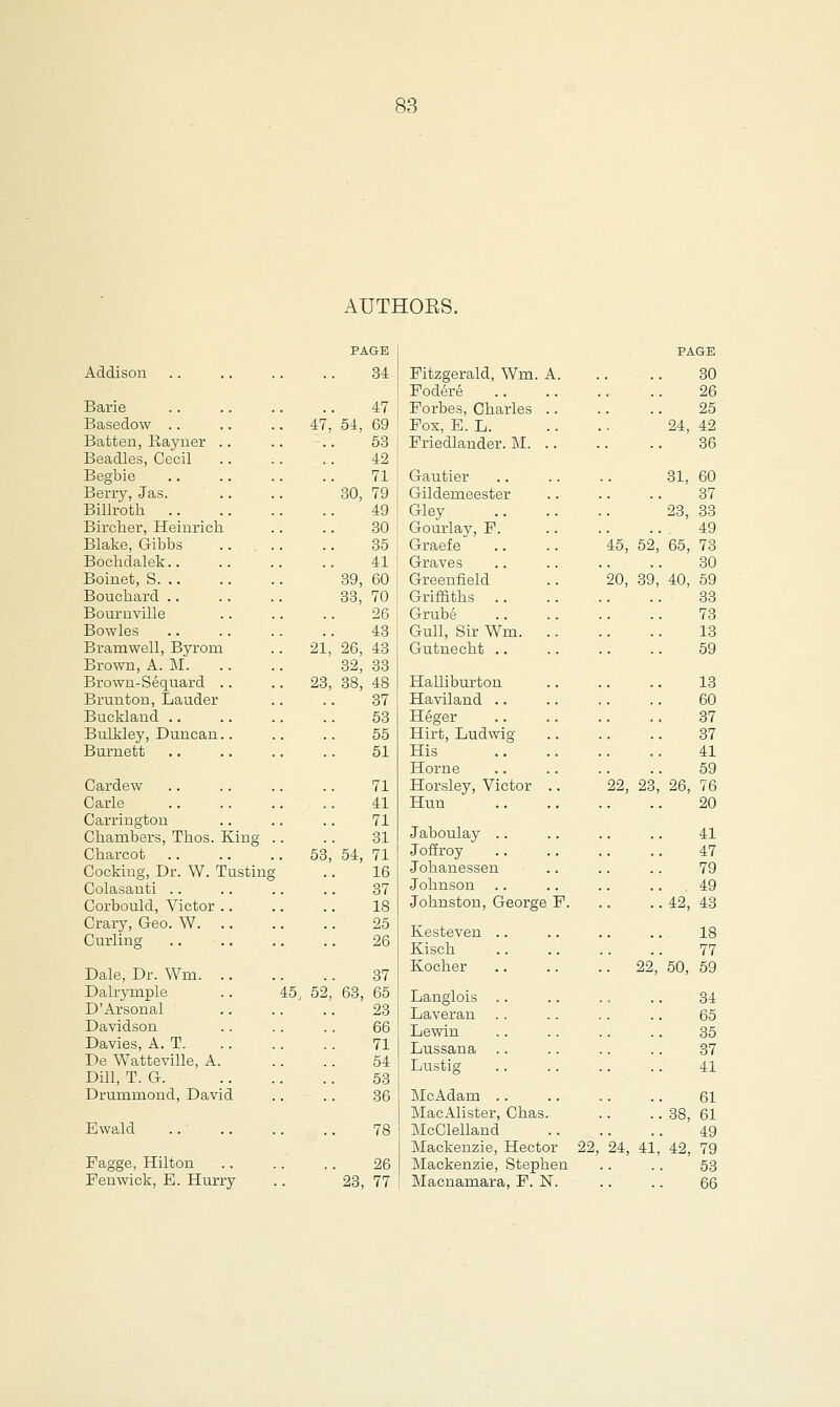 AUTHOES. PAGE PAGE Addison 34 Fitzgerald, Wm. A. Fodere 30 26 Barie 47 Forbes, Charles .. 25 Basedow 47, 54, 69 Fox, E. L. 24, 42 Batten, Rayner 53 Friedlander. M. .. 36 Beadles, Cecil .. :. 42 Begbie 71 Gautier 31, 60 Berry, Jas. 30, 79 Gildemeester 37 Billroth 49 Gley 23, 33 Birclier, Heinrich 30 Gourlay, F. 49 Blake, Gibbs 35 Graefe 45, 52, 65, 73 Bochdalek.. 41 Graves 30 Boinet, S. .. 39, 60 Greenfield 20, 39, 40, 59 Bouchard 33, 70 Griffiths 33 Bournville 26 Grube 73 Bowles 43 Gull, Sir Wm. .. 13 Bramwell, Byroni 21, 26, 43 Gutnecht 59 Brown, A. M. 32, 33 Brown-Sequard 23, 38, 48 Halliburton 13 Brunton, Lauder 37 Haviland 60 Buckland 53 Heger 37 Bulkley, Duncan.. 55 Hirt, Ludwig 37 Burnett 51 His Home 41 59 Cardew 71 Horsley, Victor .. 22, 23, 26, 76 Carle 41 Hun 20 Carrington 71 Chambers, Thos. King .. 31 Jaboulay 41 Charcot 53, 54, 71 Joffroy 47 Cocking, Dr. W. Tusting 16 Jokanessen 79 Colasanti 37 Johnson 49 Corbould, Victor 18 Johnston, George F. 42, 43 Crary, Geo. W Curling 25 26 Kesteven Kisch 18 77 Dale, Dr. Wm 37 Kocher . 22, 50, 59 Dalryinple .. 45, 52, 63, 65 Langlois 34 D'Arsonal 23 Laveran 65 Davidson 66 Lewin 35 Davies, A. T 71 Lussana 37 De Watteville, A. 54 Lustig 41 Dill, T. G. 53 Drurnmond, David 36 McAdam MacAlister, Chas. 38, 61 61 Ewald 78 McClelland 49 Mackenzie, Hector 22, 24, 41, 42, 79 Fagge, Hilton 26 Mackenzie, Stephen 53 Fenwick, E. Hurry 23 77 Macnamara, F. N. 66