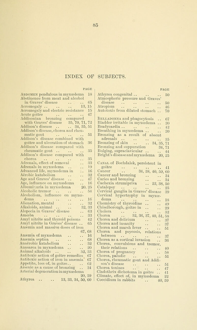 INDEX OF SUBJECTS. Abdomen pendulous in inyxcedenia 18 Abstinence from meat and alcohol in Graves' disease .. 65 Acromegaly .. .. .. 13, 15 Acromegaly and electric resistance 15 Acute goitre .. .. .. 47 Addisonian bronzing compared with Graves' disease 35, 70, 71, 72 Addison's disease .. .. 34, 35, 51 Addison's disease, chorea and rheu- matic gout .. .. 51 Addison's disease combined with goitre and ulceration of stomach 36 Addison's disease compared with rheumatic gout .. .. 35 Addison's disease compared with chorea .. .. .. 35 Adrenals, effect of removal .. 33 Adrenals in myxoedema .. .. 19 Advanced life, myxoedema in 16 Aerobic katabolisrn .. 32 Age and Graves' disease .. 47 Age, influence on myxcederna .. 16 Albuminuria in myxoedema 20, 25 Alcoholic tremor .. .. 54 Alcoholism, influence on myxoe- dema .. .. .. 16 Alienation, mental .. 32 Alkaloids, animal .. .. 32, 33 Alopecia in Graves' disease .. 63 Amoeba .. .. .. 33 Amyl nitrite and thyroid poisons 42 Amyl nitrite in Graves' disease .. 65 Anaemia and massive doses of iron 67, 68 Anaemia of myxoedema .. 16 Anaemia septica .. .. 68 Anaerobic katabolisrn .. 32 Anasarca in myxoedema .. .. 20 Animal alkaloids .. .. 32, 33 Antitoxic action of goitre remedies 67 Antitoxic action of iron in anaemia 67 Appetite, loss of, in goitre.. .. 62 Arsenic as a cause of bronzing .. 34 Arterial degeneration in myxcederna 20, 59 Athyrea .. .. 13, 33, 34, 50, 60 PAGE Athyrea congenital .. .. .. 50 Atmospheric pressure and Graves' disease .. .. .. .. 50 Atropism .. .. .. .. 46 Autotoxis from dilated stomach .. 70 Belladonna and phagocytosis Bladder irritable iu myxcedema .. Bradycardia Breathing in myxcedema Bronzing as a result of absent adrenals Bronzing of skin Bronzing and suppuration Bulging, supraclavicular .. Bright's disease and myxcedema 67 20 42 20 35 71 71 . 44 20, 25 4,35 34 Canal of Bochdalek, persistent in goitre .. .. .. .. 41 Cancer .. 34, 38, 40, 59, 60 Cancer and bronzing .. .. 34 Caries and bronzing .. .. 34 Cachexia strumipriva .. 22, 38, 50 Catalepsy .. .. .. .. 25 Cervical ganglia in Graves' disease 39 Cervical hypertrophy in myxce dema Chemistry of thyroidine .. Chiselborough, goitre in .. Cholera 18 49 29 32 32, 36, 37, 40, 51, 58 37 37 51 Chorea Chorea and delirium Chorea and insanity Chorea and marsh fever Chorea and psycosis, relations between .. .. .. .. 37 Chorea as a cortical invasion .. 36 Chorea, convulsions and tremor, their relations .. .. .. 40 Chorea of pregnancy .. .. 58 Chorea, paludic .. .. .. 51 Chorea, rheumatic gout and Addi- son's disease .. .. .. 51 Chorea toxines .. .. .. 47 Cladothrix dichotorna in goitre .. 41 Climate, effect of, in myxoedema 22 Coccidium in rabbits 40, 59