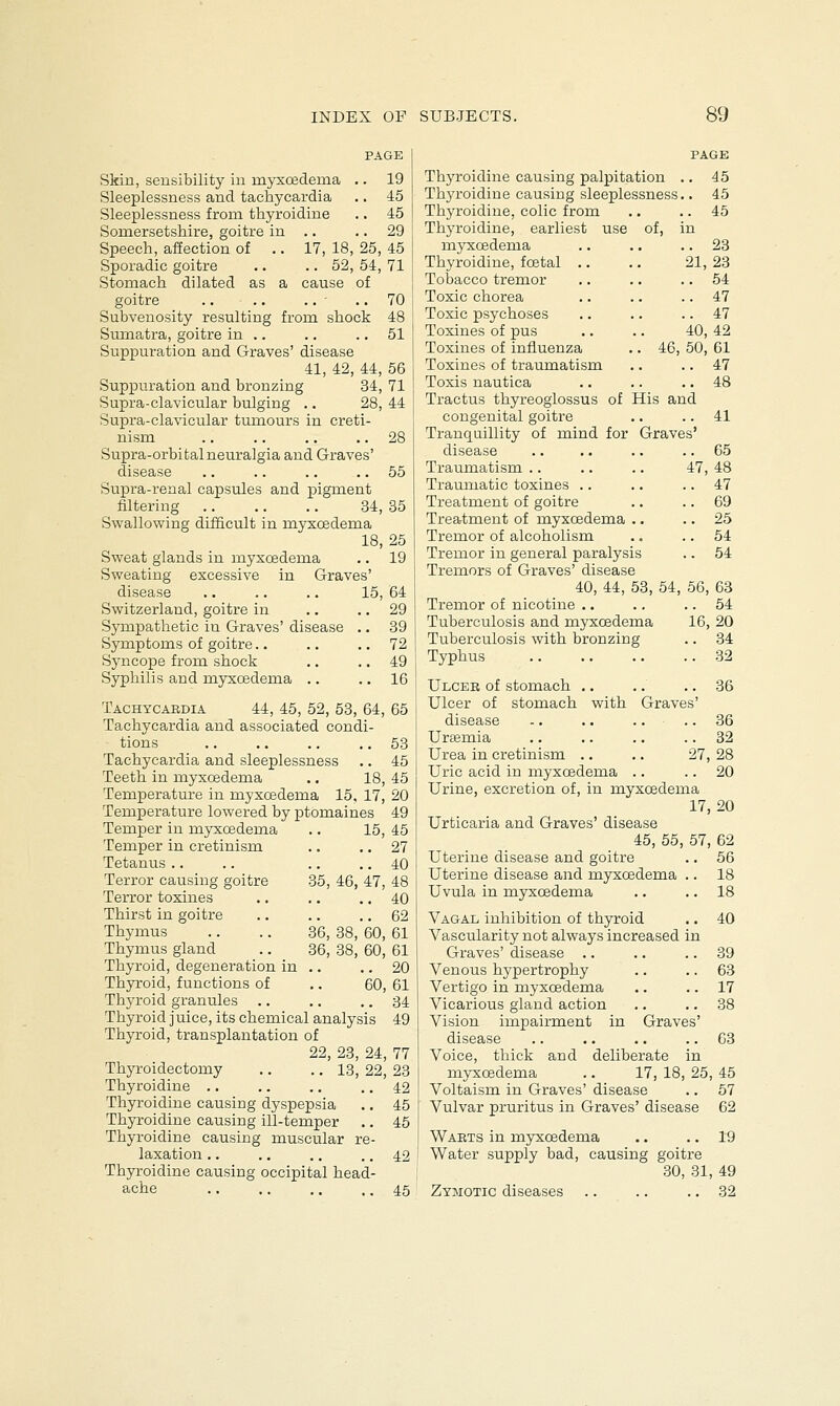Skin, sensibility in myxcedenia .. 19 Sleeplessness and tachycardia .. 45 Sleeplessness frorn thyroidine .. 45 Somersetshire, goitre in .. 29 Speech, affection of .. 17, 18, 25, 45 Sporadic goitre .. .. 52, 54, 71 Stomach dilated as a cause of goitre .. .. .. ■ .. 70 Subvenosity resulting from shock 48 Sumatra, goitre in .. .. .. 51 Suppuration and Graves' disease 41, 42, 44, 56 Suppuration and bronzing 34, 71 Supra-clavicular bulging .. 28, 44 Supra-clavicular tumours in creti- nism .. .. .. 28 Supra-orbital neuralgia and Graves' disease .. .. .. 55 Supra-renal capsules and pigment filtering 34, 35 Swallowing difficult in myxcedema 18,25 Sweat glands in myxcedema .. 19 Sweating excessive in Graves' disease .. .. .. 15, 64 Switzerland, goitre in .. 29 Sympathetic in Graves' disease .. 39 Symptoms of goitre.. .. 72 Syncope from shock .. 49 Syphilis and myxcedema .. .. 16 Tachycardia 44, 45, 52, 53, 64, 65 Tachycardia and associated condi- tions .. .. .. .. 53 Tachycardia and sleeplessness .. 45 Teeth in myxcedema .. 18, 45 Temperature in myxcedema 15, 17, 20 Temperature lowered by ptomaines 49 Temper in myxcedema .. 15, 45 Temper in cretinism .. .. 27 Tetanus .. .. .. .. 40 Terror causing goitre 35, 46, 47, 48 Terror toxines .. .. .. 40 Thirst in goitre .. .. 62 Thymus .. .. 36, 38, 60, 61 Thymus gland .. 36, 38, 60, 61 Thyroid, degeneration in .. .. 20 Thyroid, functions of .. 60, 61 Thyroid granules .. .. .. 34 Thyroid juice, its chemical analysis 49 Thyroid, transplantation of 22, 23, 24, 77 Thyroidectomy .. .. 13, 22, 23 Thymidine .. .. .. .. 42 Thyroidine causing dyspepsia .. 45 Thyroidine causing ill-temper .. 45 Thyroidine causing muscular re- laxation .. .. .. 42 Thyroidine causing occipital head- ache .. .. .. .. 45 Thyroidine causing palpitation .. 45 Thyroidine causing sleeplessness.. 45 Thyroidine, colic frorn .. .. 45 Thyroidine, earliest use of, in myxcedema .. .. .. 23 Thyroidine, fcetal .. .. 21, 23 Tobacco tremor .. .. .. 54 Toxic chorea .. .. 47 Toxic psychoses .. .. 47 Toxines of pus .. .. 40, 42 Toxines of influenza .. 46, 50, 61 Toxines of traumatism .. .. 47 Toxis nautica .. .. 48 Tractus thyreoglossus of His and congenital goitre .. .. 41 Tranquillity of mind for Graves' disease .. .. .. .. 65 Traumatism .. .. .. 47, 48 Traumatic toxines .. .. 47 Treatment of goitre .. 69 Treatment of myxcedema .. .. 25 Tremor of alcoholism .. 54 Tremor in general paralysis .. 54 Tremors of Graves' disease 40, 44, 53, 54, 56, 63 Tremor of nicotine .. .. 54 Tuberculosis and myxcedema 16, 20 Tuberculosis with bronzing .. 34 Typhus .. .. .. .. 32 Ulcer of stomach .. .. .. 36 Ulcer of stomach with Graves' disease -. .. .. .. 36 Uraemia .. .. .. 32 Urea in cretinism .. .. 27, 28 Uric acid in myxcedema .. 20 Urine, excretion of, in myxcedema 17,20 Urticaria and Graves' disease 45, 55, 57, 62 Uterine disease and goitre .. 56 Uterine disease and myxcedema .. 18 Uvula in myxcedema .. 18 Vagal inhibition of thyroid .. 40 Vascularity not always increased in Graves' disease .. .. 39 Venous hypertrophy .. 63 Vertigo in myxcedema .. 17 Vicarious gland action .. .. 38 Vision impairment in Graves' disease .. .. .. 63 Voice, thick and deliberate in myxcedema .. 17, 18, 25, 45 Voltaism in Graves' disease .. 57 Vulvar pruritus in Graves' disease 62 Warts in myxcedema .. .. 19 Water supply bad, causing goitre 30, 31, 49 Zymotic diseases .. .. .. 32