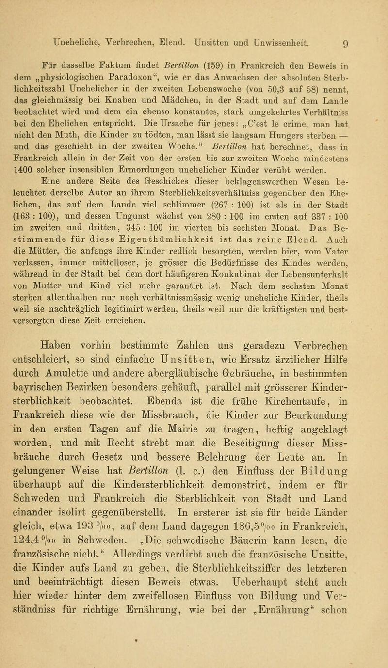 Für dasselbe Faktum findet Bertillon (159) in Frankreich den Beweis in tlem „physiologischen Paradoxon, wie er das Anwachsen der absoluten Sterb- lichkeitszahl Unehelicher in der zweiten Lebenswoche (von 50,3 auf 58) nennt, das gleichmässig bei Knaben und Mädchen, in der Stadt und auf dem Lande beobachtet wird und dem ein ebenso konstantes, stark umgekehrtes Verhältniss bei den Ehelichen entspricht. Die Ursache für jenes: „C'est le crime, man hat nicht den Muth, die Kinder zu tödten, man lässt sie langsam Hungers sterben — und das geschieht in der zweiten Woche. Bertillon hat berechnet, dass in Frankreich allein in der Zeit von der ersten bis zur zweiten Woche mindestens 1400 solcher insensiblen Ermordungen unehelicher Kinder verübt werden. Eine andere Seite des Geschickes dieser beklagenswerthen Wesen be- leuchtet derselbe Autor an ihrem Sterblichkeitsverhältniss gegenüber den Ehe- lichen, das auf dem Lande viel schlimmer (267 : 100) ist als in der Stadt (163 : 100), und. dessen Ungunst wächst von 280 : 100 im ersten auf 337 : 100 im zweiten und dritten, 345 : 100 im vierten bis sechsten Monat. Das Be- stimmende für diese Eigenthümlichkeit ist das reine Elend. Auch die Mütter, die anfangs ihre Kinder redlich besorgten, werden hier, vom Vater verlassen, immer mittelloser, je grösser die Bedürfnisse des Kindes werden, während in der Stadt bei dem dort häufigeren Konkubinat der Lebensunterhalt von Mutter und Kind viel mehr garantirt ist. Nach dem sechsten Monat sterben allenthalben nur noch verhältnissmässig wenig uneheliche Kinder, theils weil sie nachträglich legitimirt werden, theils weil nur die kräftigsten und best- versorgten diese Zeit erreichen. Haben vorhin bestimmte Zahlen uns geradezu Verbrechen entschleiert, so sind einfache Unsitten, wie Ersatz ärztlicher Hilfe durch Amulette und andere abergläubische Gebräuche, in bestimmten bayrischen Bezirken besonders gehäuft, parallel mit grösserer Kinder- sterblichkeit beobachtet. Ebenda ist die frühe Kirchentaufe, in Frankreich diese wie der Missbrauch, die Kinder zur Beurkundung in den ersten Tagen auf die Mairie zu tragen, heftig angeklagt worden, und mit Hecht strebt man die Beseitigung dieser Miss- bräuche durch Gresetz und bessere Belehrung der Leute an. In gelungener Weise hat Bertillon (1. c.) den Einfluss der Bildung überhaupt auf die Kindersterblichkeit demonstrirt, indem er für Schweden und Frankreich die Sterblichkeit von Stadt und Land einander isolirt gegenüberstellt. In ersterer ist sie für beide Länder gleich, etwa 193 ^/oo, auf dem Land dagegen 186,5 ,'oo in Frankreich, 124,4*^/00 in Schweden. „Die schwedische Bäuerin kann lesen, die französische nicht. Allerdings verdirbt auch die französische Unsitte, die Kinder aufs Land zu geben, die Sterblichkeitsziffer des letzteren und beeinträchtigt diesen Beweis etwas. Ueberhaupt steht auch hier wieder hinter dem zweifellosen Einfluss von Bildung und Ver- ständniss für richtige Ernährung, wie bei der „Ernährung schon