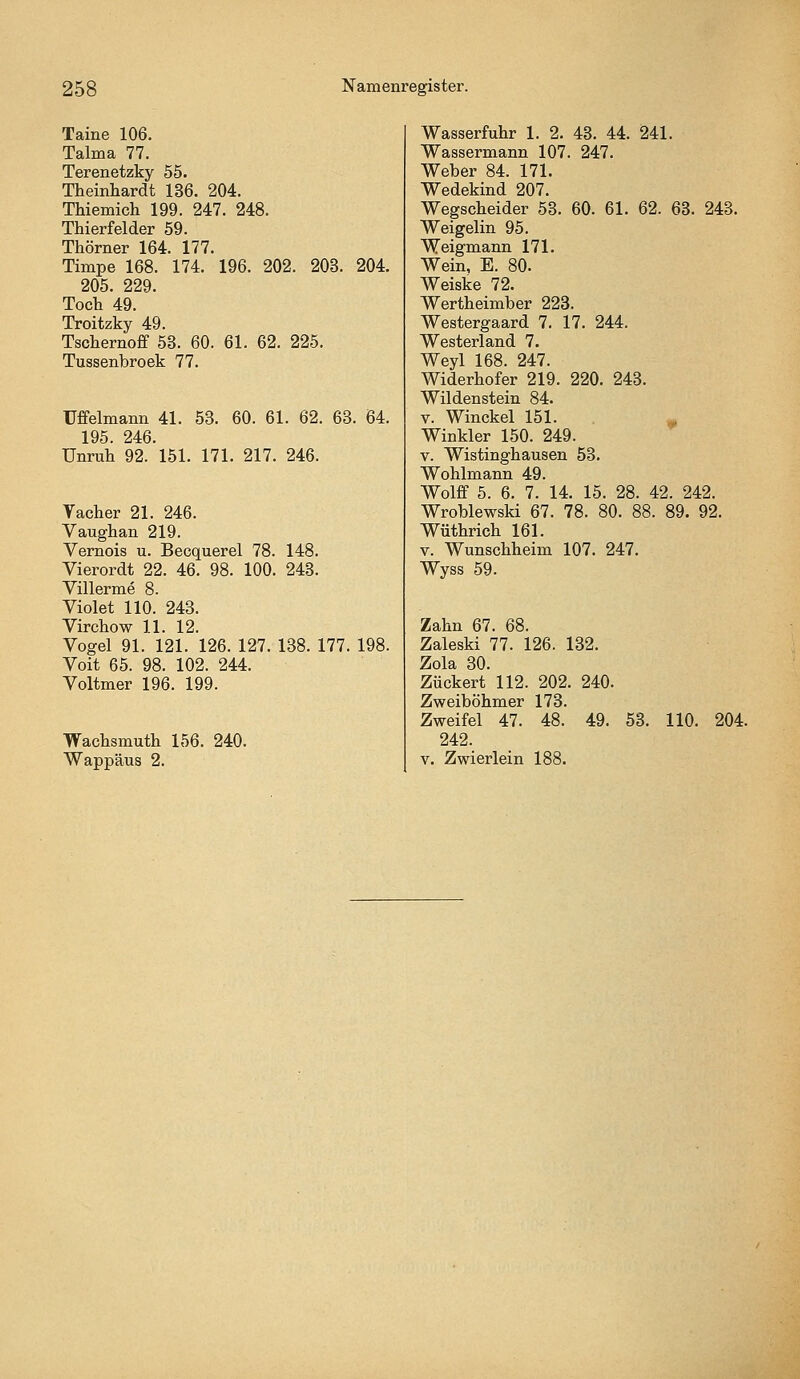 Taine 106. Talma 77. Terenetzky 55. Theinharclfc 136. 204. Thiemich 199. 247. 248. Thierfelder 59. Thörner 164. 177. Timpe 168. 174. 196. 202. 203. 204. 205. 229. Toch 49. Troitzky 49. Tschernoff 58. 60. 61. 62. 225. Tussenbroek 77. Uffelmann 41. 53. 60. 61. 62. 63. 64. 195. 246. Unruh 92. 151. 171. 217. 246. Vacher 21. 246. Vaughan 219. Vernois u. Becquerel 78. 148. Vierordt 22. 46. 98. 100. 243. Villerme 8. Violet 110. 243. Virchow 11. 12. Vogel 91. 121. 126. 127. 138. 177. 198. Voit 65. 98. 102. 244. Voltmer 196. 199. Wachsmuth 156. Wappäus 2. 240. Wasserfuhr 1. 2. 43. 44. 241. Wassermann 107. 247. Weber 84. 171. Wedekind 207. Wegscheider 53. 60. 61. 62. 63. 243. Weigelin 95. Weigmann 171. Wein, E. 80. Weiske 72. Wertheimber 223. Westergaard 7. 17. 244. Westerland 7. Weyl 168. 247. Widerhofer 219. 220. 243. Wildenstein 84. V. Winckel 151. « Winkler 150. 249. V. Wistinghausen 53. Wohlmann 49. Wolff 5. 6. 7. 14. 15. 28. 42. 242. Wroblewski 67. 78. 80. 88. 89. 92. Wüthrich 161. V. Wunschheim 107. 247. Wyss 59. Zahn 67. 68. Zaleski 77. 126. 132. Zola 30. Zuckert 112. 202. 240. Zweiböhmer 173. Zweifel 47. 48. 49. 53. 110. 204. 242. V. Zwierlein 188.