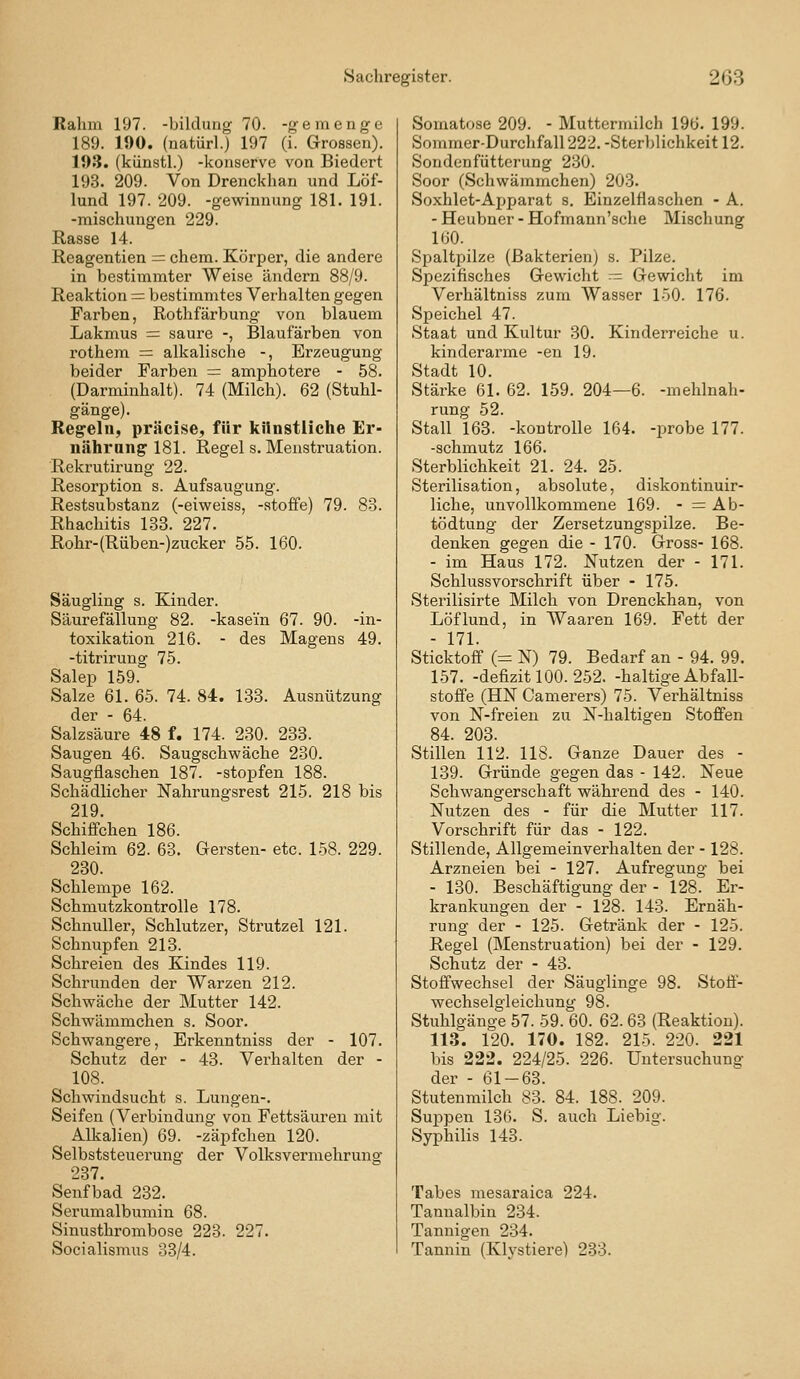 Rahm 197. -bildung 70. -ge menge 189. 190. (natürl.) 197 (i. Grossen). 193. (künstl.) -konserve von Biedert 193. 209. Von Drenckhan und Löf- lund 197. 209. -gewimumg 181. 191. -mischungen 229. Rasse 14. Reagentien = ehem. Körper, die andere in bestimmter Weise ändern 88/9. Reaktion = bestimmtes Verhalten gegen Farben, Rothfärbung von blauem Lakmus = saure -, Blautarben von rothem =: alkalische -, Erzeugung beider Farben = amphotere - 58. (Darminhalt). 74 (Milch). 62 (Stuhl- gänge). Regeln, präcise, für künstliche Er- n<ährang 181. Regel s. Menstruation. Rekrutirung 22. Resorption s. Aufsaugung. Restsubstanz (-eiweiss, -atoffe) 79. 83. Rhachitis 133. 227. Rohr-(Rüben-)zucker 55. 160. Säugling s. Kinder. Säurefällung 82. -kasein 67. 90. -in- toxikation 216. - des Magens 49. -titrirung 75. Salep 159. Salze 61. 65. 74. 84. 133. Ausnützung der - 64. Salzsäure 48 f. 174. 2.30. 233. Saugen 46. Saugschwäche 230. Saugflaschen 187. -stopfen 188. Schädlicher Nahrungsrest 215. 218 bis 219. Schiffchen 186. Schleim 62. 63. Gersten- etc. 158. 229. 230. Schlempe 162. Schmutzkontrolle 178. Schnuller, Schlutzer, Strutzel 121. Schnupfen 213. Schreien des Kindes 119. Schrunden der Warzen 212. Schwäche der Mutter 142. Schwämmchen s. Soor. Schwangere, Erkenntniss der - 107. Schutz der - 43. Verhalten der - 108. Schwindsucht s. Lungen-. Seifen (Verbindung von Fettsäuren mit Alkalien) 69. -zäpfchen 120. Selbststeuerung der Volksvermehrung 237. Senfbad 232. Serumalbumin 68. Sinusthrombose 223. 227. Socialismus 33/4. Somatose 209. - Muttermilch 196. 199. Sommer-Durchfall 222. -Sterblichkeit 12. Sondenfütterung 230. Soor (Schwämmchen) 203. Soxhlet-Apparat s. Einzelflaschen - A. - Heubner - Hofmann'sche Mischung 160. Spaltpilze (Bakterien) s. Pilze. Spezifisches Gewicht — Gewicht im Vex'hältniss zum Wasser 150. 176. Speichel 47. Staat und Kultur 30. Kinderreiche u. kinderarme -eu 19. Stadt 10. Stärke 61. 62. 159. 204—6. -mehlnah- rung 52. Stall 163. -kontrolle 164. -probe 177. -schmutz 166. Sterblichkeit 21. 24. 25. Sterilisation, absolute, diskontinuir- liche, unvollkommene 169. - = Ab- tödtung der Zersetzungspilze. Be- denken gegen die - 170. Gross- 168. - im Haus 172. Nutzen der - 171. Schlussvorschrift über - 175. Sterilisirte Milch von Drenckhan, von Löflund, in Waaren 169. Fett der - 171. Sticktoff (= N) 79. Bedarf an - 94. 99. 157. -defizit 100. 252. -haltige Abfall- stoffe (HN Camerers) 75. Verhältniss von N-freien zu N-haltigen Stoffen 84. 203. Stillen 112. 118. Ganze Dauer des - 139. Gründe gegen das - 142. Neue Schwangerschaft während des - 140. Nutzen des - für die Mutter 117. Vorschrift für das - 122. Stillende, Allgemeinverhalten der -128. Arzneien bei - 127. Aufregung bei - 130. Beschäftigung der - 128. Er- krankungen der - 128. 143. Ernäh- rung der - 125. Getränk der - 125. Regel (Menstruation) bei der - 129. Schutz der - 43. Stoffwechsel der Säuglinge 98. Stoff- wechselgieichung 98. Stuhlgänge 57. 59. 60. 62. 63 (Reaktion). 113. 120. 170. 182. 215. 220. 221 bis 222. 224/25. 226. Untersuchung der - 61-63. Stutenmilch 83. 84. 188. 209. Suppen 136. S. auch Liebig. Syphilis 143. Tabes mesaraica 224. Tannalbin 234. Tannigen 234. Tannin (Klystiere) 233.