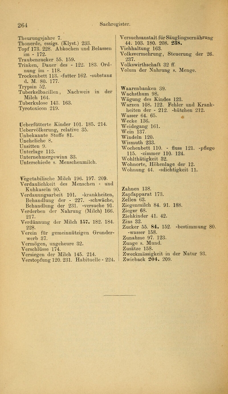 Theui'ungsjalire 7. Thonerde, essigs. (Klyst.) 233. Topf 178. 228. Abkochen und Belassen im - 172. Traubenzucker 55. 159. Trinken, Dauer des - 122. 183. Ord- nung im - 118. Trockenbett 113. -futterl62. -Substanz d. M. 80. 177. Trypsin 52. Tuberkelbacillen, Nachweis in der Mich 164. Tuberkulose 143. 163. Tyrotoxicon 219. Ueberfütterte Kinder 101. 185. 214. Uebervölkerung, relative 35. Unbekannte Stoffe 81. Uneheliche 8. Unsitten 9. Unterlage 113. ünternehmergewinn 33. Unterschiede s. Menschenmilch. Vegetabilische Milch 196. 197. 209. Verdaulichkeit des Menschen - und Kuhkasein 90. Verdauungsarbeit 101. -krankheiten, Behandlung der - 227. -schwäche, Behandlung der 231. -versuche 91. Verderben der Nahrung (Milch) 166. 217. Verdünnung der Milch 157. 182. 184. 228. Verein für gemeinnützigen Grunder- werb 37. Vermögen, ungeheure 32. Verschlüsse 174. Versiegen der Milch 145. 214. Verstopfung 120. 231. Habituelle - 224. Versuchsanstalt für Säuglingsemährung 44. 103. 180. 208. 238. Viehhaltung 163. Volksvermehrung, Steuerung der 26. 237. Volkswirthschaft 32 ff. Volum der Nahrung s. Menge. Waarenbanken 39. Wachsthum 98. Wägung des Kindes 123. Warzen 108. 122. Fehler und Krank- heiten der - 212. -hütchen 212. Wasser 64. 65. ^<. Wecke 136. Weidegang 161. Wein 137. Windeln 120. Wismuth 233. Wochenbett 110. - fluss 121. -pflege 115. -Zimmer 110. 124. Wohlthätigkeit 32. Wohnorte, Höhenlage der 12. Wohnung 44. -sdichtigkeit 11. Zahnen 138. Zapfapparat 173. Zellen 63. Ziegenmilch 84. 91. 188. Zieger 68. Ziehkinder 41. 42. Zins 32. Zucker 55. 84. 152. -bestimmung 80. -wasser 158. Zunahme 97. 123. Zunge s. Mund. Zusätze 158. Zweckmässigkeit in der Natur 93. Zwieback 204. 209.