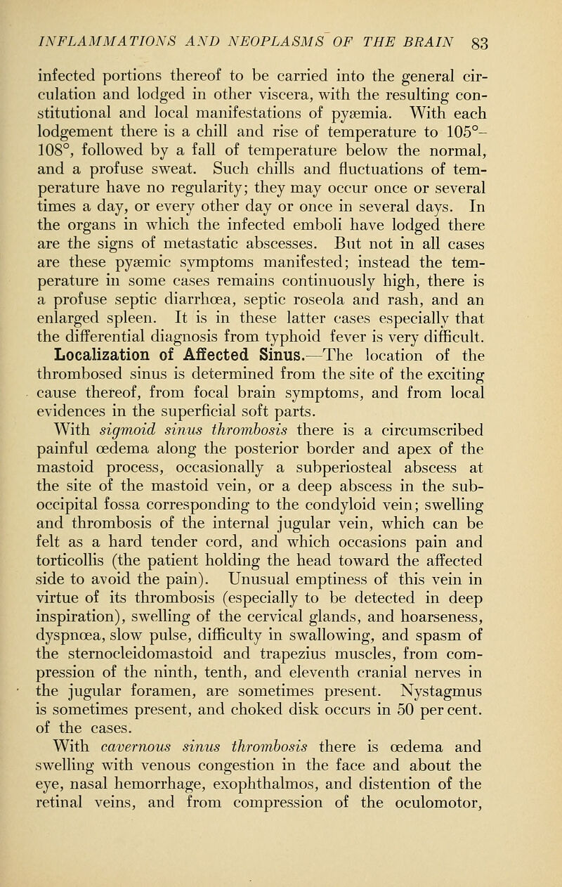 infected portions thereof to be carried into the general cir- culation and lodged in other viscera, with the resulting con- stitutional and local manifestations of pyaemia. With each lodgement there is a chill and rise of temperature to 105°- 108°, followed by a fall of temperature below the normal, and a profuse sweat. Such chills and fluctuations of tem- perature have no regularity; they may occur once or several times a day, or every other day or once in several days. In the organs in which the infected emboli have lodged there are the signs of metastatic abscesses. But not in all cases are these pysemic symptoms manifested; instead the tem- perature in some cases remains continuously high, there is a profuse septic diarrhoea, septic roseola and rash, and an enlarged spleen. It is in these latter cases especially that the differential diagnosis from typhoid fever is very difficult. Localization of Affected Sinus.—The location of the thrombosed sinus is determined from the site of the exciting cause thereof, from focal brain symptoms, and from local evidences in the superficial soft parts. With sigmoid sinus thrombosis there is a circumscribed painful oedema along the posterior border and apex of the mastoid process, occasionally a subperiosteal abscess at the site of the mastoid vein, or a deep abscess in the sub- occipital fossa corresponding to the condyloid vein; swelling and thrombosis of the internal jugular vein, which can be felt as a hard tender cord, and which occasions pain and torticollis (the patient holding the head toward the affected side to avoid the pain). Unusual emptiness of this vein in virtue of its thrombosis (especially to be detected in deep inspiration), swelling of the cervical glands, and hoarseness, dyspnoea, slow pulse, difficulty in swallowing, and spasm of the sternocleidomastoid and trapezius muscles, from com- pression of the ninth, tenth, and eleventh cranial nerves in the jugular foramen, are sometimes present. Nystagmus is sometimes present, and choked disk occurs in 50 per cent, of the cases. With cavernous sinus thrombosis there is oedema and swelling with venous congestion in the face and about the eye, nasal hemorrhage, exophthalmos, and distention of the retinal veins, and from compression of the oculomotor,