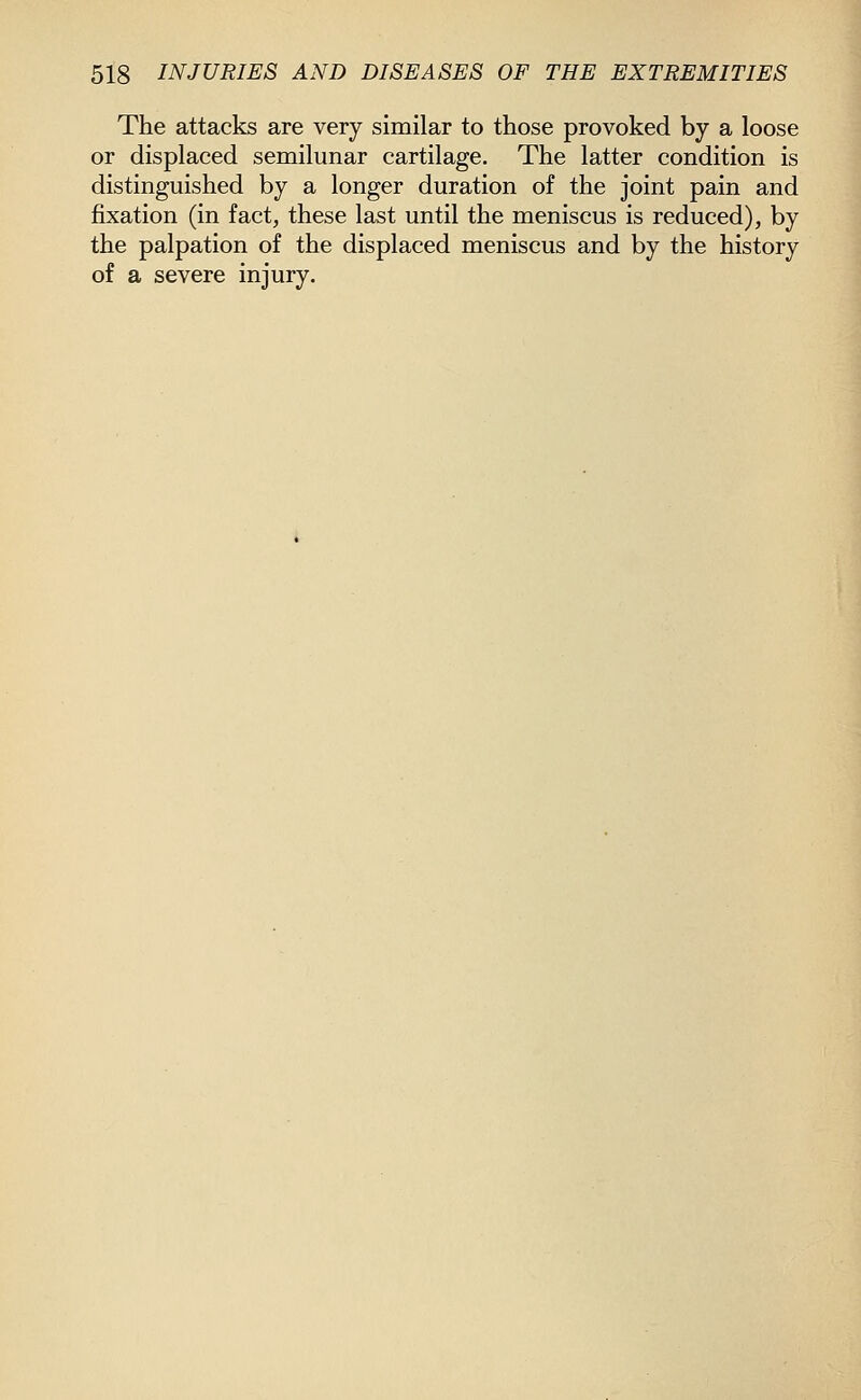The attacks are very similar to those provoked by a loose or displaced semilunar cartilage. The latter condition is distinguished by a longer duration of the joint pain and fixation (in fact, these last until the meniscus is reduced), by the palpation of the displaced meniscus and by the history of a severe injury.