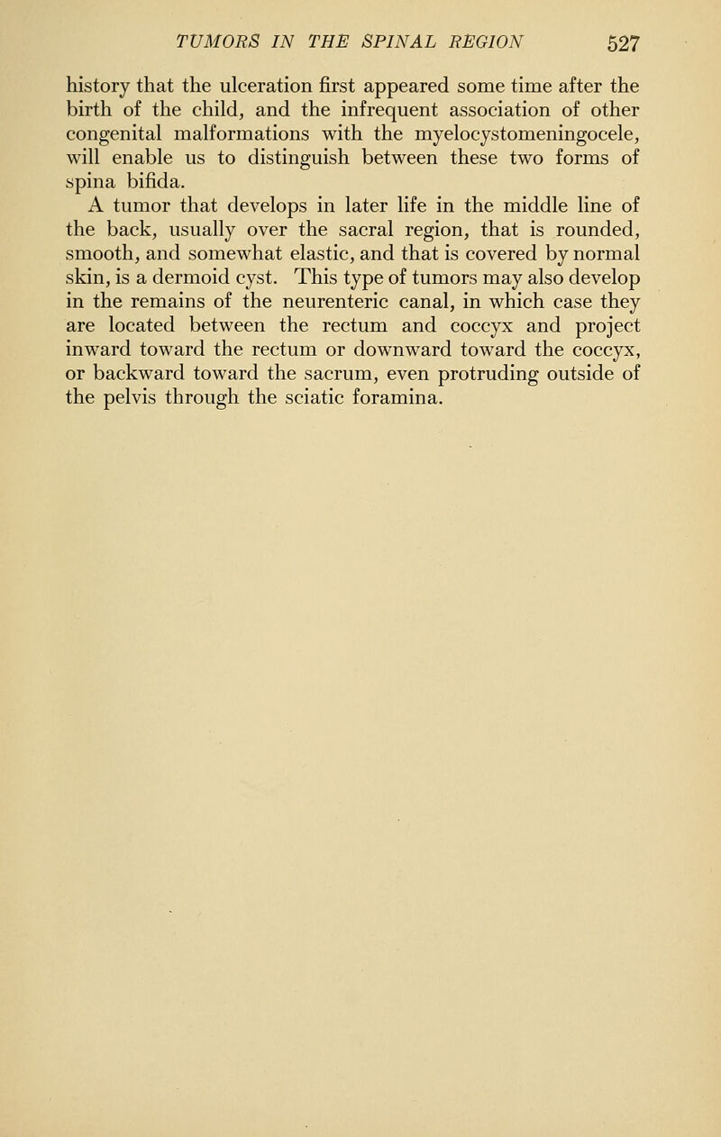 history that the ulceration first appeared some time after the birth of the child, and the infrequent association of other congenital malformations with the myelocystomeningocele, will enable us to distinguish between these two forms of spina bifida. A tumor that develops in later life in the middle line of the back, usually over the sacral region, that is rounded, smooth, and somewhat elastic, and that is covered by normal skin, is a dermoid cyst. This type of tumors may also develop in the remains of the neurenteric canal, in which case they are located between the rectum and coccyx and project inward toward the rectum or downward toward the coccyx, or backward toward the sacrum, even protruding outside of the pelvis through the sciatic foramina.