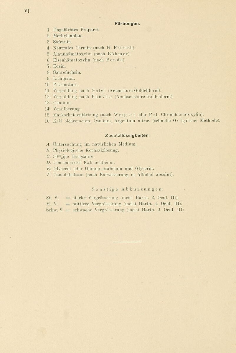 Färbungen. 1. Ungefärbtes Präparat. 2. Methylenblau. 3. Safranin. 4. Neutrales Carmin (nach. G. Fritsch). 5. Alaunhärnatoxylin (nach Böhmer). 6. Eisenhämatoxylin (nach Benda). 7. Eosin. 8. Säurefuchsin. 9. Lichtgrün. 10. Pikrinsäure. 11. Vergoldung nach Golgi (Arsensäure-Goldchlorid'). 12. Vergoldung nach Eanyier (Ameisensäure-Goldchlorid). 13. Osmium. 14. Versilberung. 15. Markscheidenfärbung (nach Weigert oder Pal. Chromhämatoxylin). lu'. Kali bichromcum. Osmium. Argentuni nitric. (schnelle Golgi'sche Methode). Zusatzflüssigkeiten. A. Untersuchung im natürlichen Medium. LS. Physiologische Kochsalzlösung. C. 30°laige Essigsäure. D. Concentrirtes Kali aceticum. ]£. Glycerin oder Gummi arabicum und Glycerin. F. Canadabalsani (nach Entwässerung in Alkohol absolut). Sonstige Abkürzungen. St. V. = starke Vergrösserung (meist Hartn. 2. Ocul. 111). M. V. = mittlere Vergrösserung (meist Hartn. 4. Ocul. 111). Schw. V. = schwache Vergrösserung (meist Hartn. 2, Ocul. III).