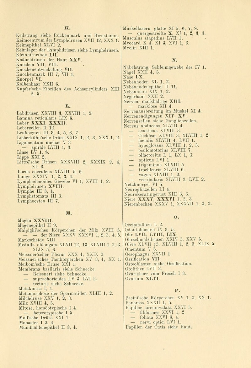 K. Keilstrang siehe Rückenmark und Hirnstamm. Keimcentrum der Lymphdrüsen XVII 12, XXX 1. Keimepithel XLVI 2. Keimlager der Lymphdrüsen siehe Lymphdrüsen. Kleinhirnrinde LH. Knäueldrüsen der Haut XXV. Knochen VII, VIII. Knochenentwickelung VII. Knochenmark III 7, VII 4. Knorpel VI. Kolbenhaar XXII 6. Kupfer'sche Fibrillen des Achsencylinders XIII 2, 5. Ii. Labdrüsen XXVIII 3, XXVIII 1, 2. Lamina reticularis LIX 6. Leber XXXI, XXXII. Leberzellen II 12. Leukocyten III 3, 4, 5, 6, 7. Lieberkühn'sche Drüse XXIX 1, 2, 3, XXXI, 2. Ligamentum nuchae V 3 — spirale LVIII 1, 3. Linse LV 1, 8. Lippe XXI 2. Littre'sche Drüsen XXXVIII 2, XXXIX 2, 4, XL 3. Locus coeruleus XLVIII 5, 6. Lunge XXXIV 1, 2, 3, 4. Lymphadenoides Gewebe VI 1, XVIII 1, 2. Lymphdrüsen XVIII. Lymphe HI 3, 4. Lymphstomata III 3. Lymphocyten III 7. M. Magen XXVIII. Magenepithel II 9. Malpighi'sches Körperchen der Milz XVIII 5, — — der Niere XXXV XXXVI 1, 2, 3, 4, 5. Markscheide XIII. Medulla oblongata XLVII 12, 13, XLVIII 1, 2, 3. XLIX 5, 6. Meissner'scher Plexus XXX 4, XXIX 2. Meissner'sches Tastkörperchen XV 3, 4, XX 1, Meibom'sche Drüse XXI 1. Membrana basilaris siehe Schnecke. — Beissneri siehe Schnecke. — suprachorioidea LV 3, LVI 2. — tectoria siehe Schnecke. Metakinese I, 4. Metamorphose der Spermatiden XLIII 1, 2. Milchdrüse XXV 1, 2, 3. Milz XVIII 4, 5. Mitose, homöotypische I 4. — heterotypische I 5. Moll'sche Drüse XXI 1. Monaster I 2, 4. Mundhöhlenepithel II 3, 4. Muskelfasern, glatte XI 5, 6, 7, 8. — quergestreifte X, XI 1, 2, 3, 4. Musculus stapedius LVII 1. Myocard X 4, XI 3, XVI 1, 3. Myelin XIII 1. BT. Nabelstrang, Schleimgewebe des IV 1. Nagel XXII 4, 5. Nase LX. Nebenhoden XL 1, 2. Nebenhodenepithel II 11. Nebenniere XIX 1, 2. Negerhaut XXII 2. Nerven, markhaltige XIII. — marklose XII 4. Nervenausbreitung im Muskel XI 4. Nervenendigungen XIV, XV. Nervenzellen siehe Ganglienzellen. Nervus abducens XLVIII 4. — acusticus XLVIII 3. — Cochleae XLVIII 3. XLVIII 1, 2. — facialis XLVIII 4, LVII 1. — hypoglossus XLVIII 1, 2, 3. — oculomotorius XLVIII 7. — olfactorius L 1, LX 1, 3. — opticus LVI 1. — trigeminus XLVIII 5. — trochlearis XLVIII 6. — vagus XLVIII 1, 2. — vestibularis XLVIII 3, LVII 2. Netzknorpel VI 5. Neurogliazellen LI 4. Neurokeratingerüst XIII 3, 6. Niere XXXV, XXXVI 1, 2, 3. Nierenbecken XXXV 1, XXXVII 1, 2, 3. O. Occipitalhirn L 2. Odontoblasten IX 3, 5. Ohr LVII, LVIII, LIX Ohrschmalzdrüsen XXIV 3, XXV 5. Olive XLVII 13, XLVHI 1, 2. 3, XLIX 5. Omentum V 5. Oesophagus XXVII 1. Ossification VII. Osteoblasten siehe Ossification. Otolithen LVII 2. Ovarialeier vom Frosch I 3. Ovarium XLVI. P. Pacini'sche Körperchen XV 1, 2, XX 1. Pancreas XXXII 4, 5. Papulae circumvalata XXVI 5. — filiformes XXVI 1, 2. — foliata XXVI 3, 4. — nervi optici LVI 1. Papillen der Cutis siehe Haut.