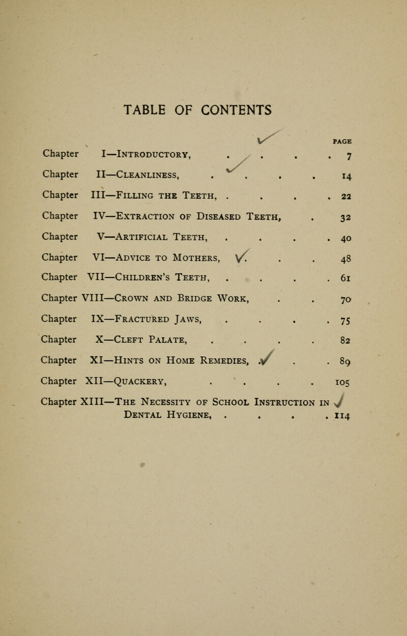 TABLE OF CONTENTS \S PAGE Chapter I—Introductory, . . . .7 Chapter II—Cleanliness, .... 14 Chapter III—Filling the Teeth, . . . .22 Chapter IV—Extraction of Diseased Teeth, . 32 Chapter V—Artificial Teeth, . . . .40 Chapter VI—Advice to Mothers, y. . . 48 Chapter VII—Children's Teeth, . . . .61 Chapter VIII—Crown and Bridge Work, . . 70 Chapter IX—Fractured Jaws, . . . -75 Chapter X—Cleft Palate, . . . . 82 Chapter XI—Hints on Home Remedies, ,y . . 89 Chapter XII—Quackery, .... 105 Chapter XIII—The Necessity of School Instruction in >J Dental Hygiene, . . . .114