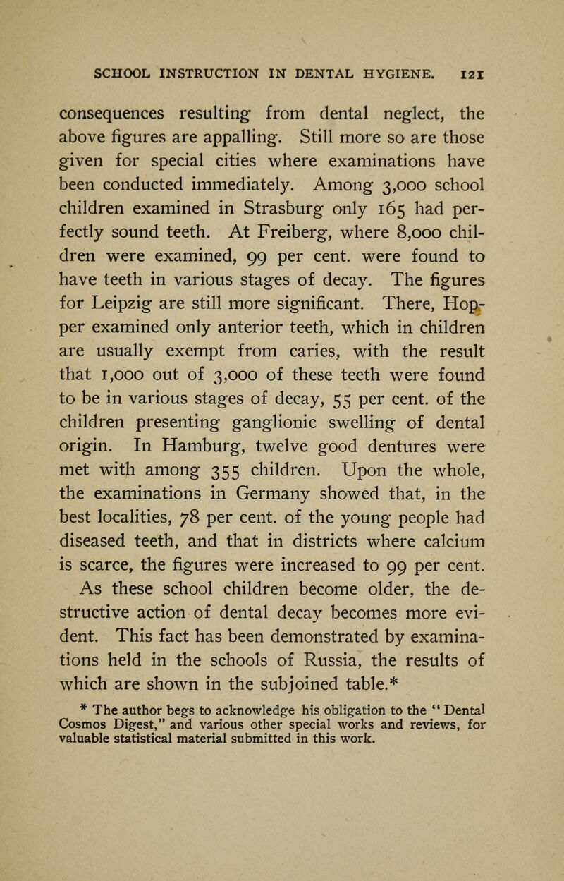 consequences resulting from dental neglect, the above figures are appalling. Still more so are those given for special cities where examinations have been conducted immediately. Among 3,000 school children examined in Strasburg only 165 had per- fectly sound teeth. At Freiberg, where 8,000 chil- dren were examined, 99 per cent, were found to have teeth in various stages of decay. The figures for Leipzig are still more significant. There, Hopr per examined only anterior teeth, which in children are usually exempt from caries, with the result that 1,000 out of 3,000 of these teeth were found to be in various stages of decay, 55 per cent, of the children presenting ganglionic swelling of dental origin. In Hamburg, twelve good dentures were met with among 355 children. Upon the whole, the examinations in Germany showed that, in the best localities, 78 per cent, of the young people had diseased teeth, and that in districts where calcium is scarce, the figures were increased to 99 per cent. As these school children become older, the de- structive action of dental decay becomes more evi- dent. This fact has been demonstrated by examina- tions held in the schools of Russia, the results of which are shown in the subjoined table.* * The author begs to acknowledge his obligation to the  Dental Cosmos Digest, and various other special works and reviews, for valuable statistical material submitted in this work.