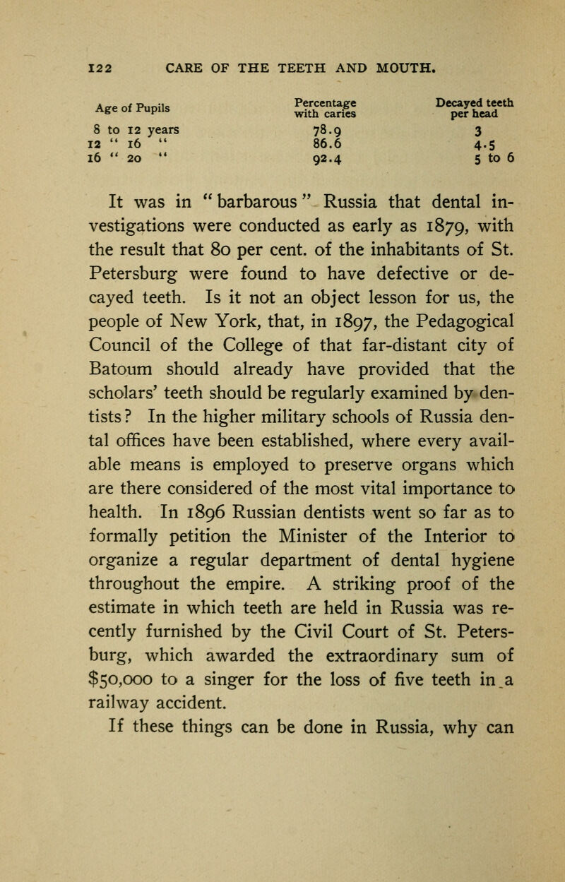 * __ n4 p,,„:ic Percentage Decayed teeth Age of Pupxls wkh car.6s pe* head 8 to 12 years 78.9 3 12  16  86.6 4.5 16  20  92.4 5 to 6 It was in  barbarous Russia that dental in- vestigations were conducted as early as 1879, with the result that 80 per cent, of the inhabitants of St. Petersburg were found to have defective or de- cayed teeth. Is it not an object lesson for us, the people of New York, that, in 1897, the Pedagogical Council of the College of that far-distant city of Batoum should already have provided that the scholars' teeth should be regularly examined by den- tists ? In the higher military schools of Russia den- tal offices have been established, where every avail- able means is employed to preserve organs which are there considered of the most vital importance to health. In 1896 Russian dentists went so far as to formally petition the Minister of the Interior to organize a regular department of dental hygiene throughout the empire. A striking proof of the estimate in which teeth are held in Russia was re- cently furnished by the Civil Court of St. Peters- burg, which awarded the extraordinary sum of $50,000 to a singer for the loss of five teeth in_a railway accident. If these things can be done in Russia, why can